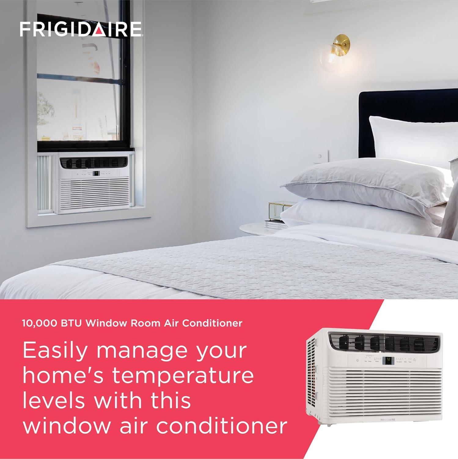 imageFrigidaire 12000 BTU Window Air Conditioner with Remote Control Cools Up to 550 Sq Ft Quiet Operation Eco Mode 3 Fan Speeds Auto Restart White10 000 BTU Electronic Controls