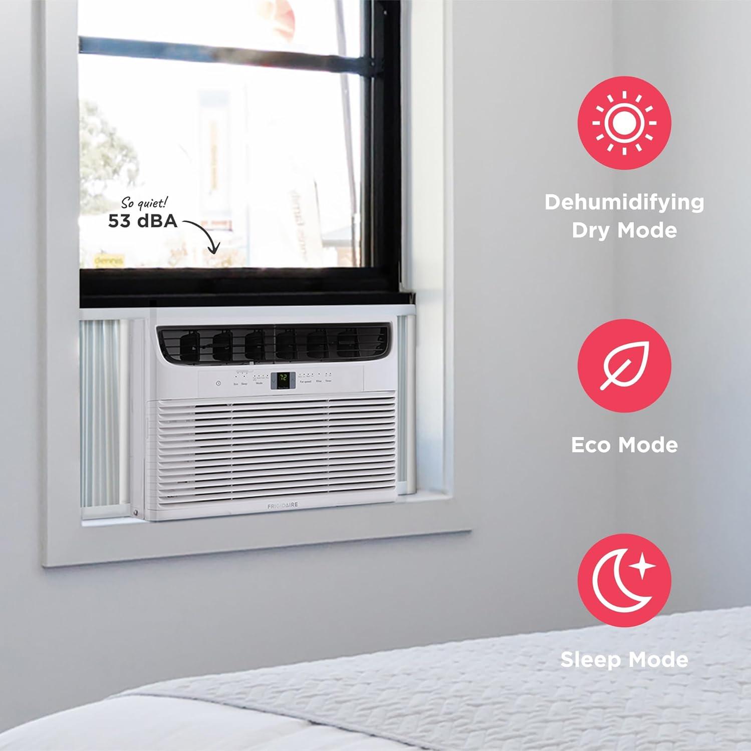 imageFrigidaire 12000 BTU Window Air Conditioner with Remote Control Cools Up to 550 Sq Ft Quiet Operation Eco Mode 3 Fan Speeds Auto Restart White10 000 BTU Electronic Controls