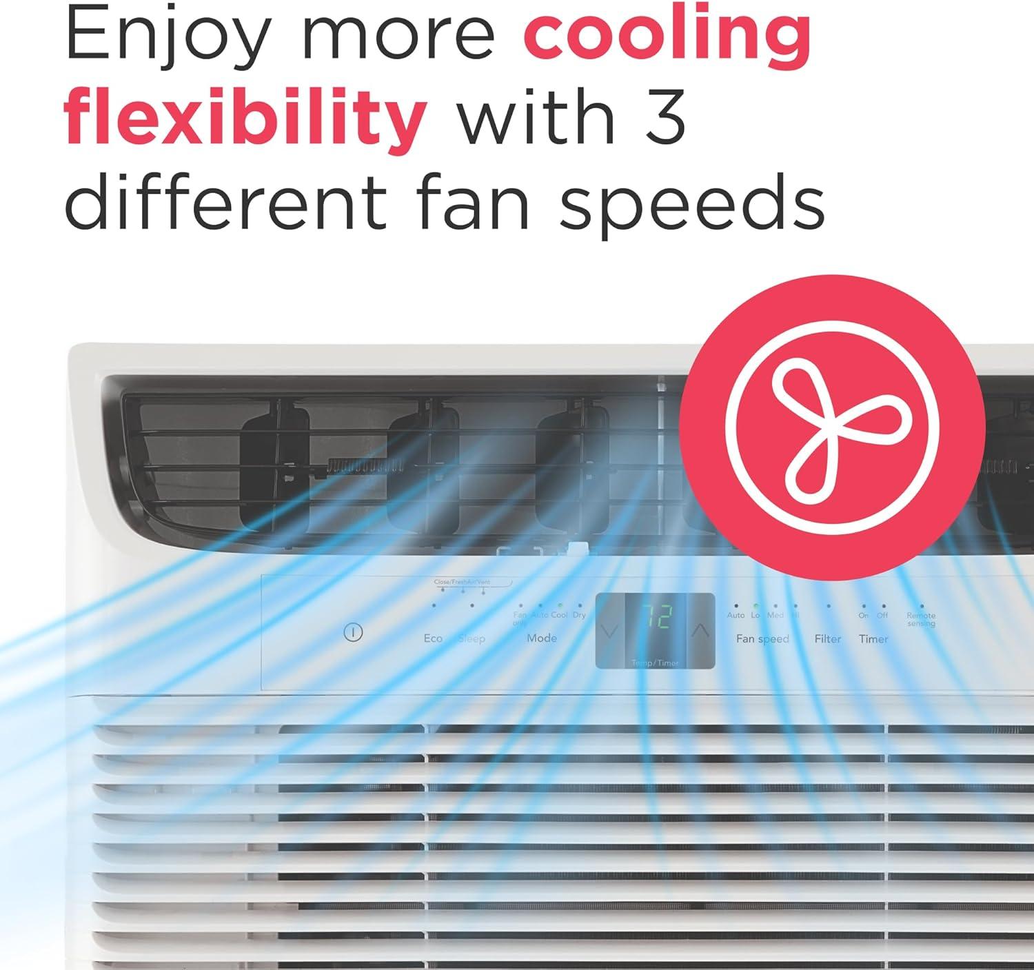 imageFrigidaire 12000 BTU Window Air Conditioner with Remote Control Cools Up to 550 Sq Ft Quiet Operation Eco Mode 3 Fan Speeds Auto Restart White10 000 BTU Electronic Controls