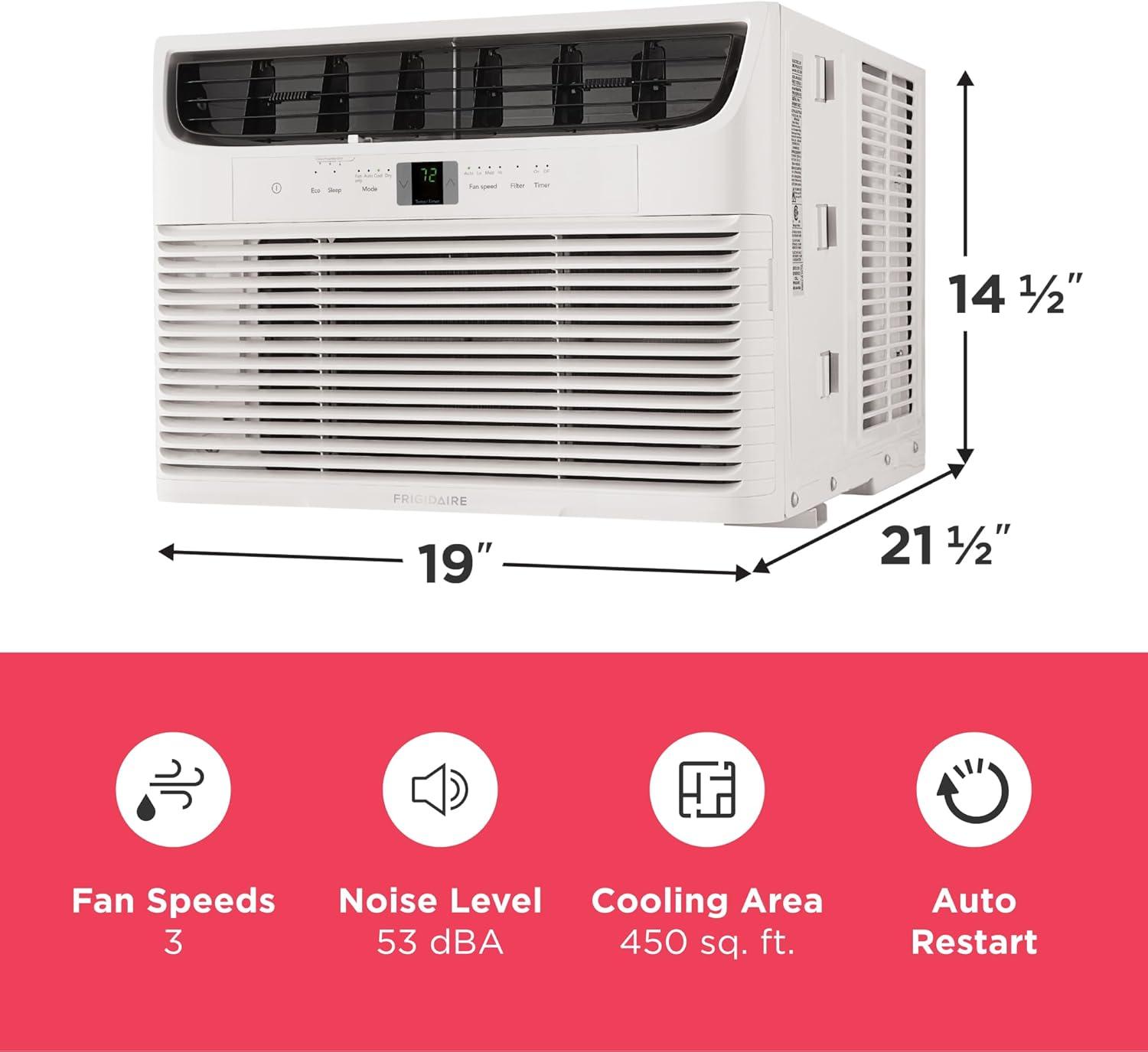 imageFrigidaire 12000 BTU Window Air Conditioner with Remote Control Cools Up to 550 Sq Ft Quiet Operation Eco Mode 3 Fan Speeds Auto Restart White10 000 BTU Electronic Controls