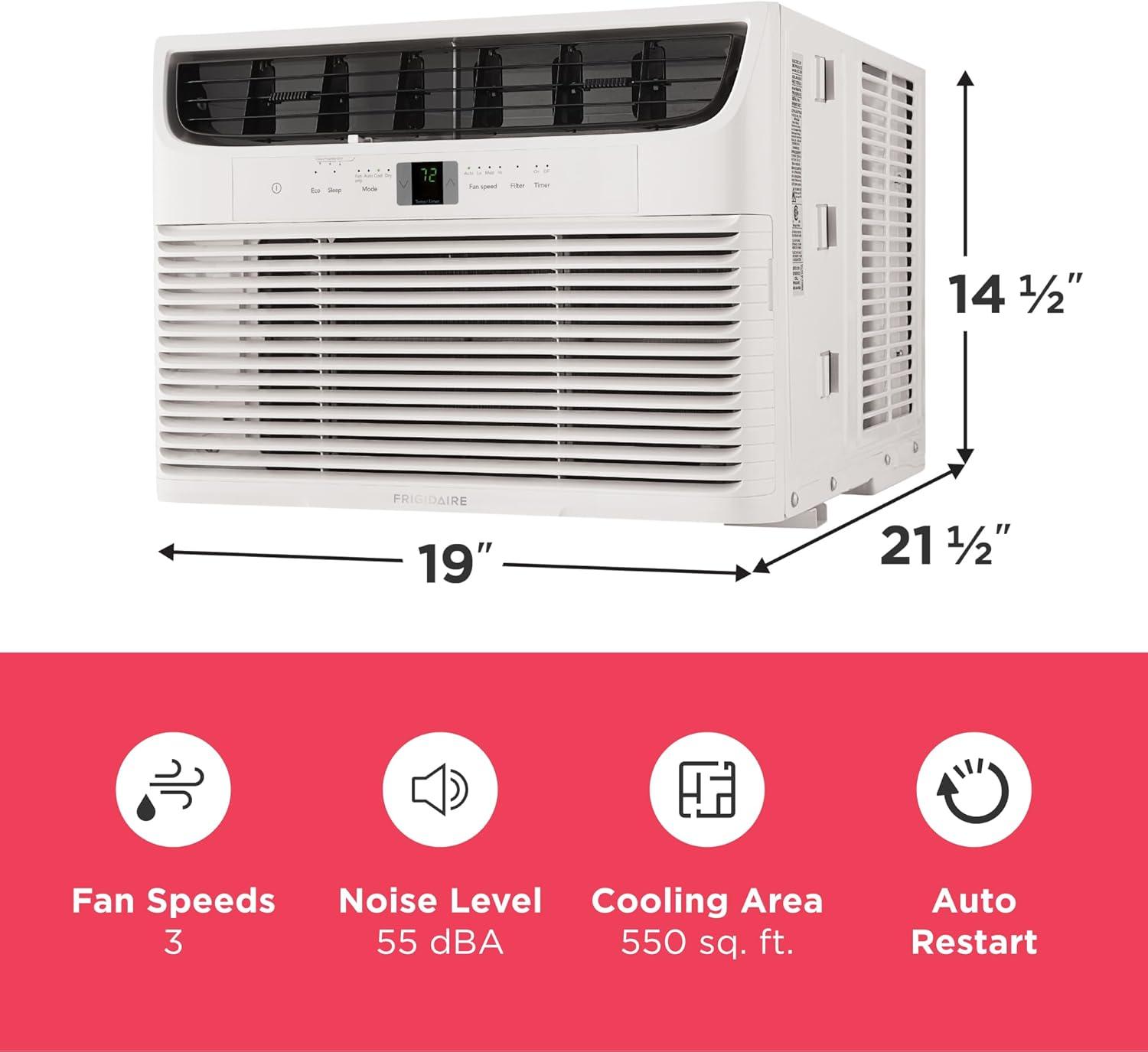 imageFrigidaire 12000 BTU Window Air Conditioner with Remote Control Cools Up to 550 Sq Ft Quiet Operation Eco Mode 3 Fan Speeds Auto Restart White12 000 BTU Electronic Controls