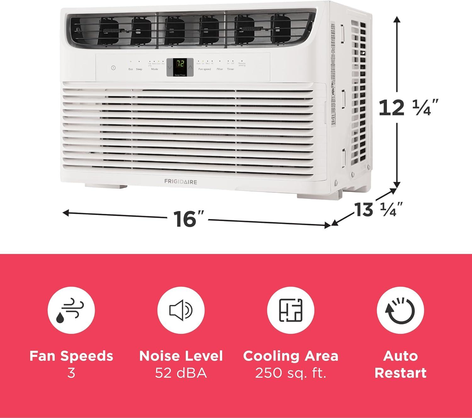 imageFrigidaire 12000 BTU Window Air Conditioner with Remote Control Cools Up to 550 Sq Ft Quiet Operation Eco Mode 3 Fan Speeds Auto Restart White6 000 BTU Electronic Controls