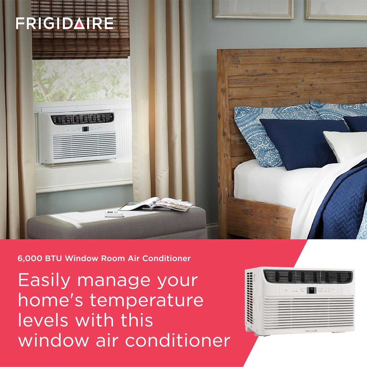 imageFrigidaire 12000 BTU Window Air Conditioner with Remote Control Cools Up to 550 Sq Ft Quiet Operation Eco Mode 3 Fan Speeds Auto Restart White6 000 BTU Electronic Controls