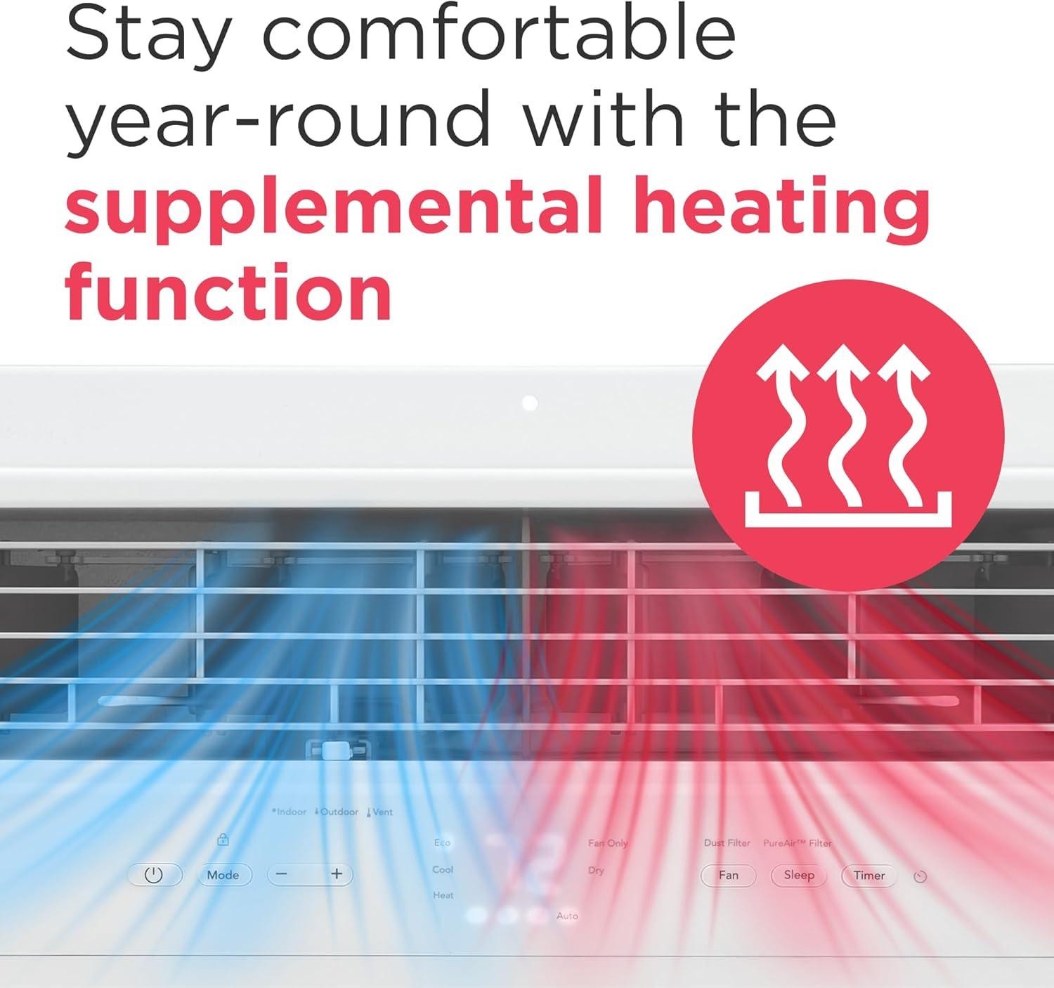 imageFrigidaire 12000 BTU Window Air Conditioner with Supplemental Heat Cools ampamp Heats Up to 550 Sq Ft Remote Control Quiet Operation Eco Mode 3 Fan Speeds White12 000 BTU