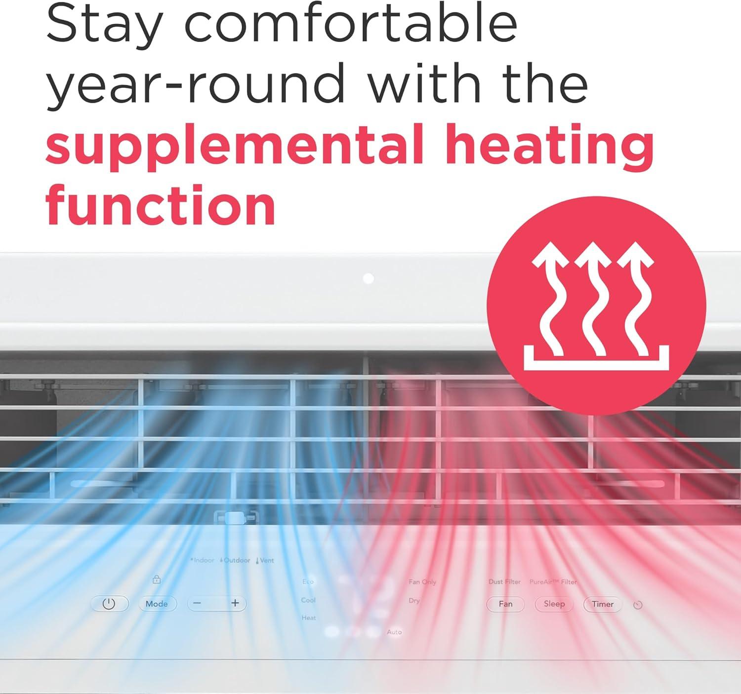 imageFrigidaire 12000 BTU Window Air Conditioner with Supplemental Heat Cools ampamp Heats Up to 550 Sq Ft Remote Control Quiet Operation Eco Mode 3 Fan Speeds White8 000 BTU