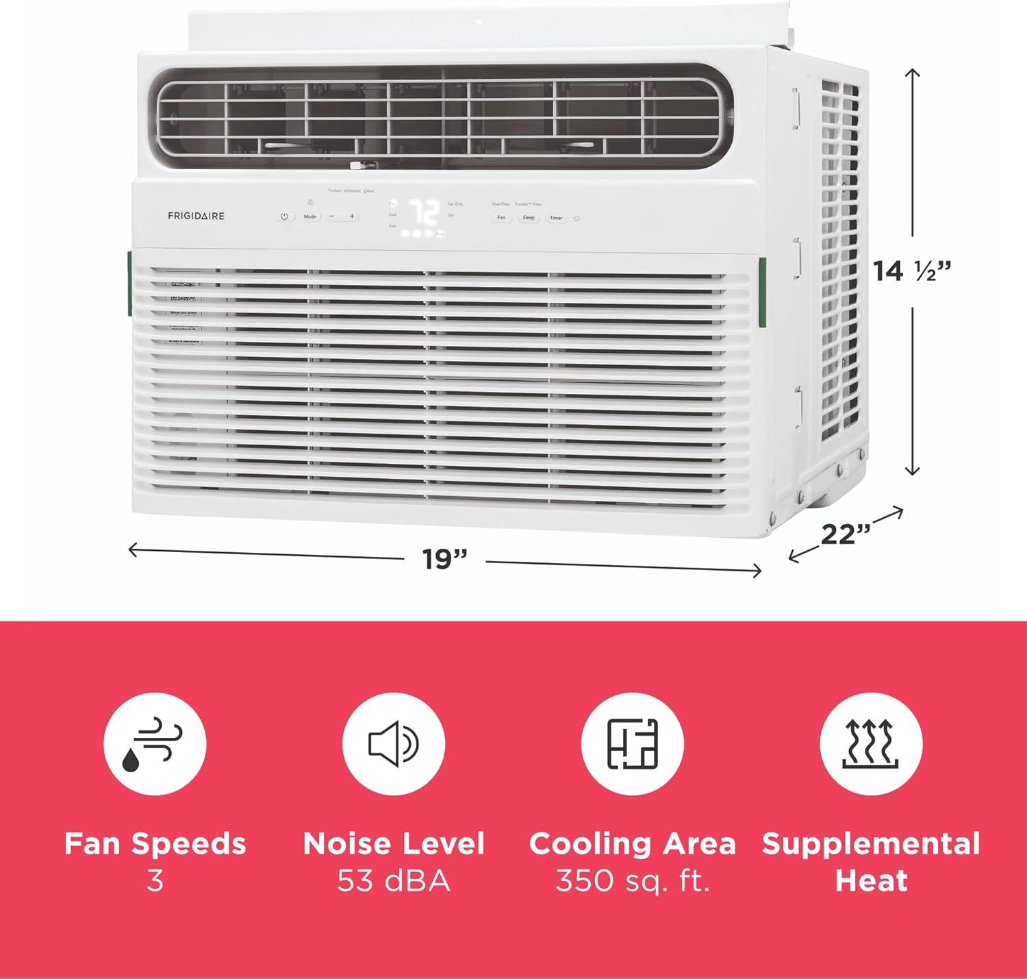 imageFrigidaire 12000 BTU Window Air Conditioner with Supplemental Heat Cools ampamp Heats Up to 550 Sq Ft Remote Control Quiet Operation Eco Mode 3 Fan Speeds White8 000 BTU