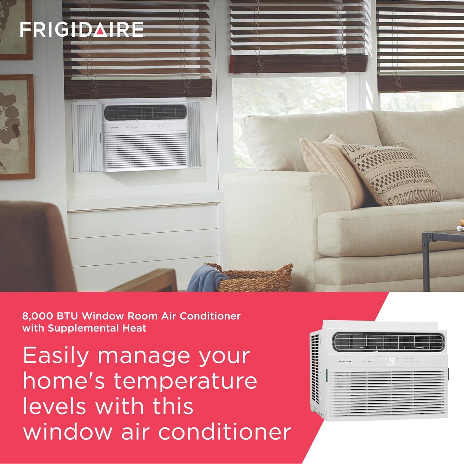 imageFrigidaire 12000 BTU Window Air Conditioner with Supplemental Heat Cools ampamp Heats Up to 550 Sq Ft Remote Control Quiet Operation Eco Mode 3 Fan Speeds White8 000 BTU