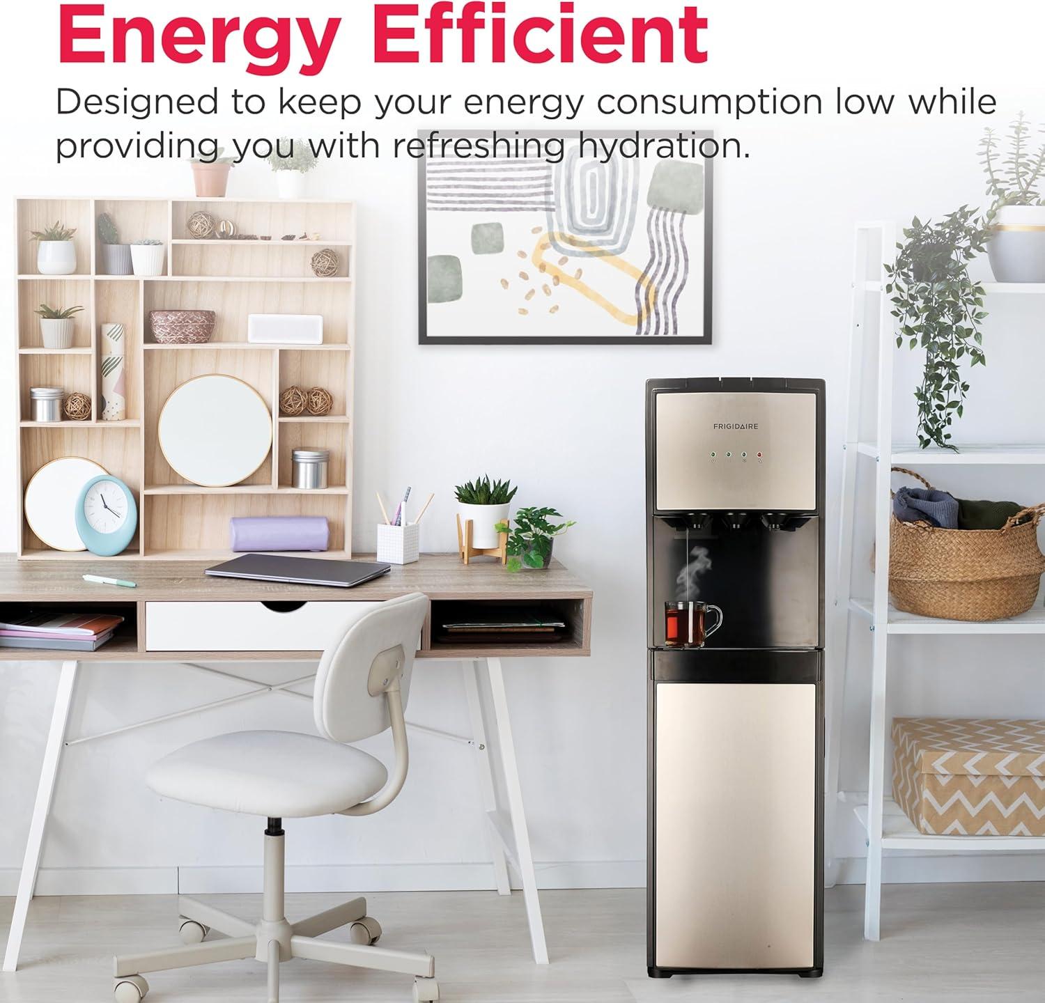 imageFrigidaire EFWC498  Top Loading Cooler Dispenser Hot ampamp Cold Water  Child Safety Lock  Innovative Slim ampamp Sleek Design Holds 3 or 5 Gallon Bottles  BlackStainless