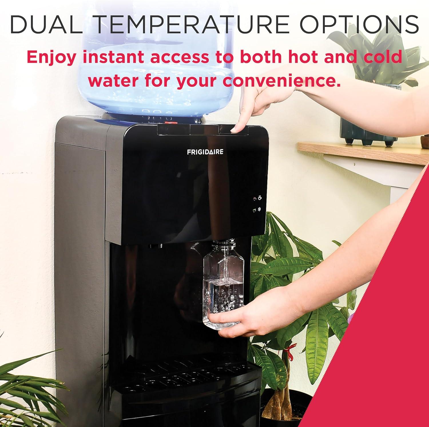 imageFrigidaire EFWC498  Top Loading Cooler Dispenser Hot ampamp Cold Water  Child Safety Lock  Innovative Slim ampamp Sleek Design Holds 3 or 5 Gallon Bottles  BlackBlack