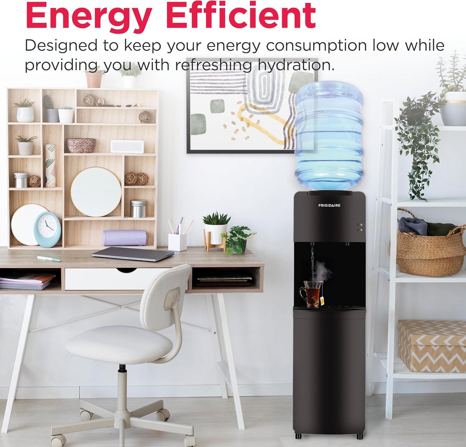 imageFrigidaire EFWC498  Top Loading Cooler Dispenser Hot ampamp Cold Water  Child Safety Lock  Innovative Slim ampamp Sleek Design Holds 3 or 5 Gallon Bottles  BlackBlack