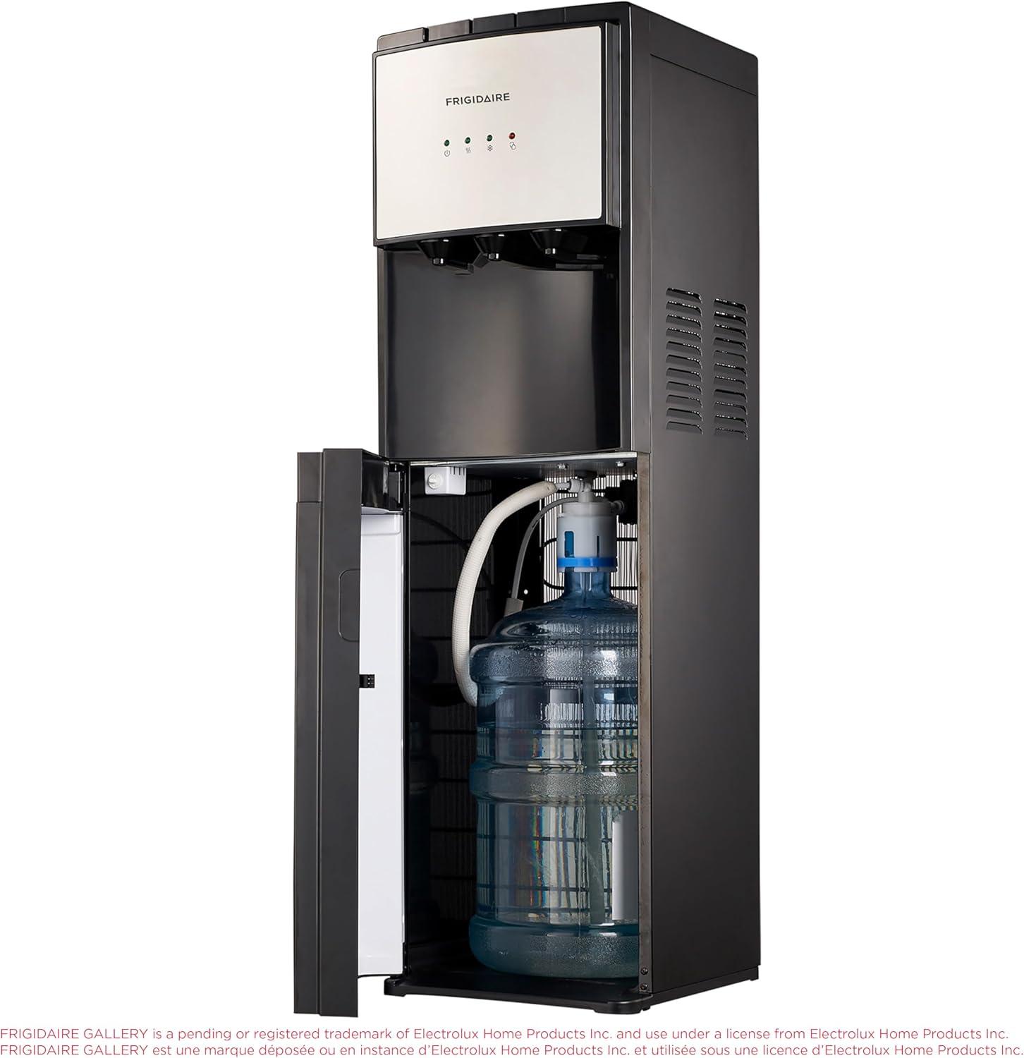 imageFrigidaire EFWC498  Top Loading Cooler Dispenser Hot ampamp Cold Water  Child Safety Lock  Innovative Slim ampamp Sleek Design Holds 3 or 5 Gallon Bottles  BlackStainless