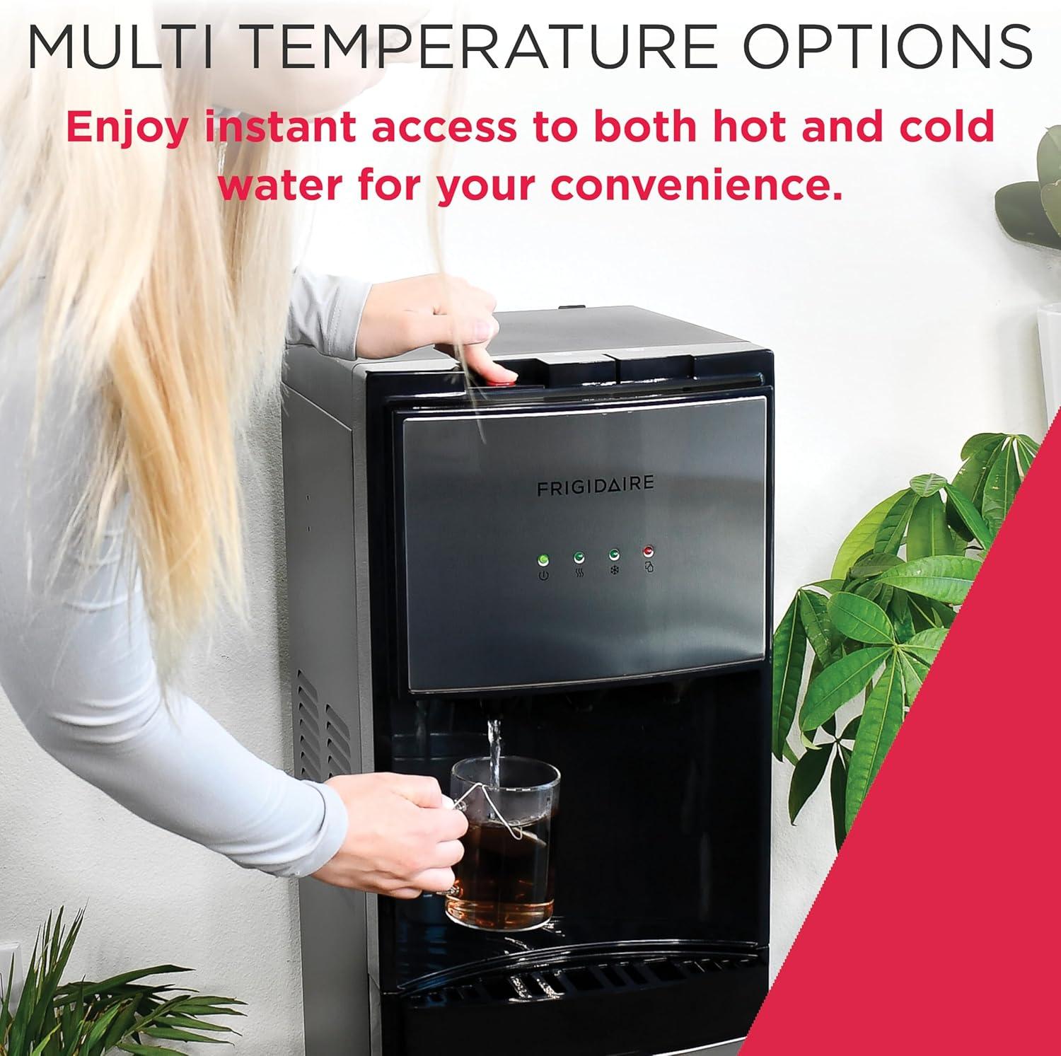 imageFrigidaire EFWC498  Top Loading Cooler Dispenser Hot ampamp Cold Water  Child Safety Lock  Innovative Slim ampamp Sleek Design Holds 3 or 5 Gallon Bottles  BlackStainless