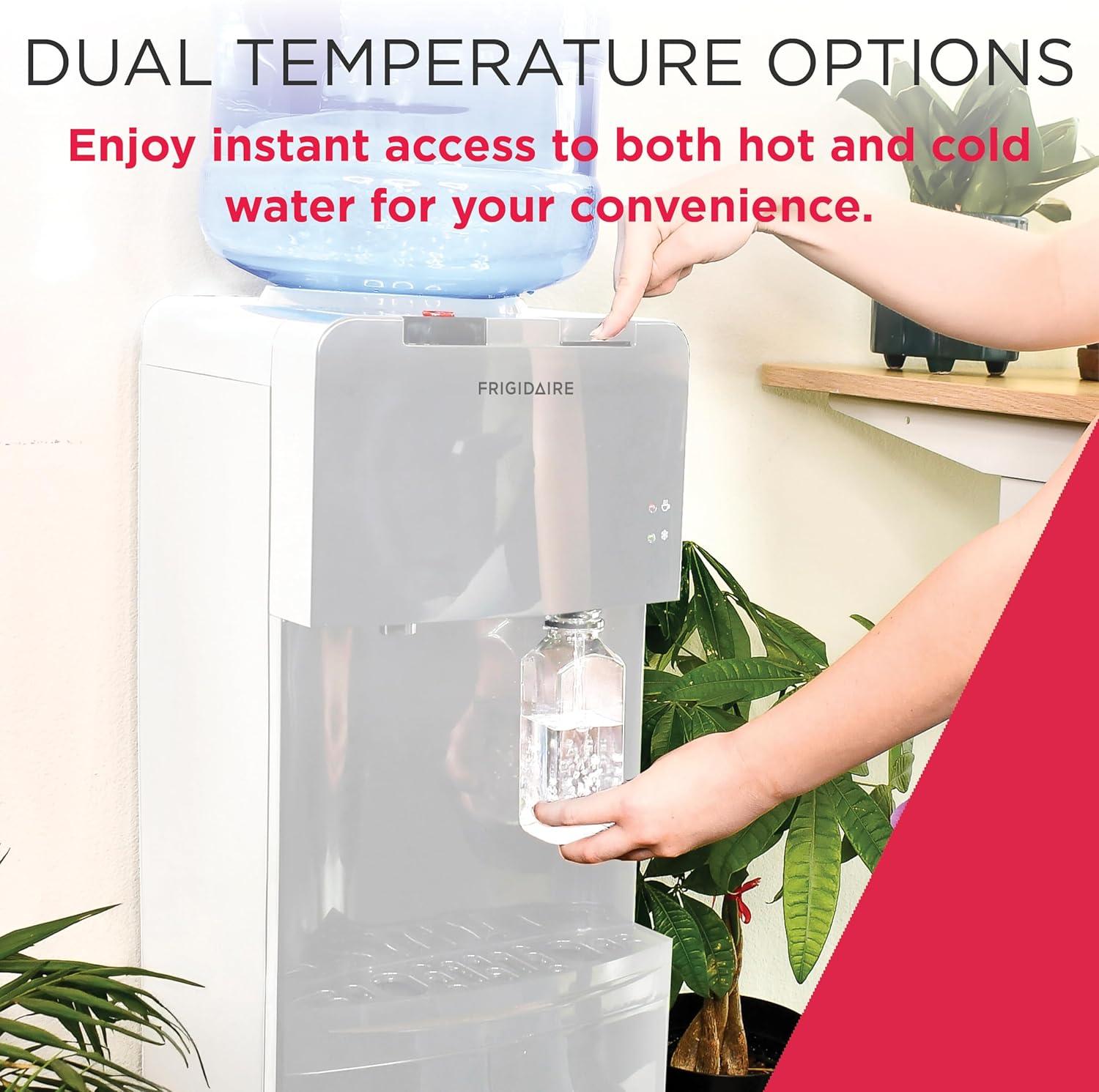 imageFrigidaire EFWC498  Top Loading Cooler Dispenser Hot ampamp Cold Water  Child Safety Lock  Innovative Slim ampamp Sleek Design Holds 3 or 5 Gallon Bottles  BlackWhite