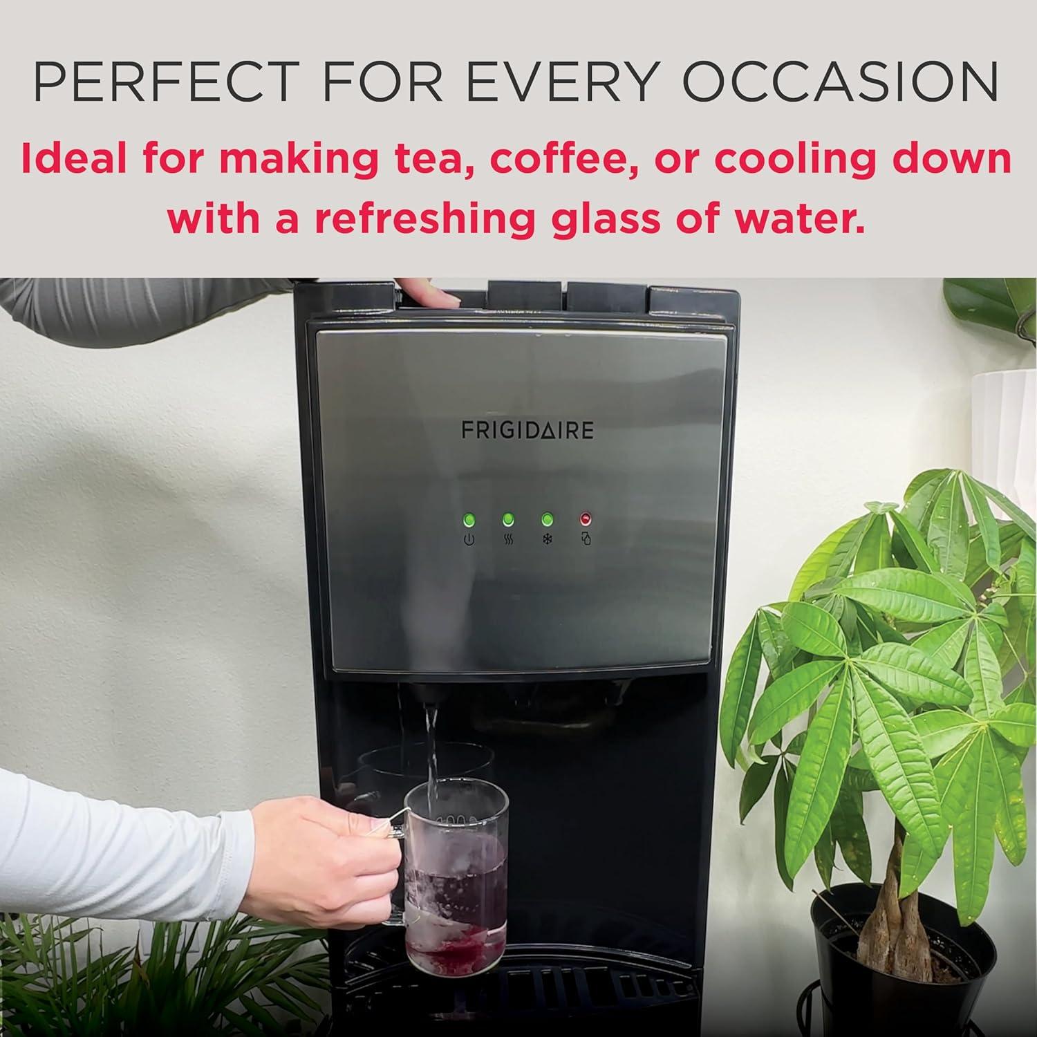 imageFrigidaire EFWC498  Top Loading Cooler Dispenser Hot ampamp Cold Water  Child Safety Lock  Innovative Slim ampamp Sleek Design Holds 3 or 5 Gallon Bottles  BlackStainless