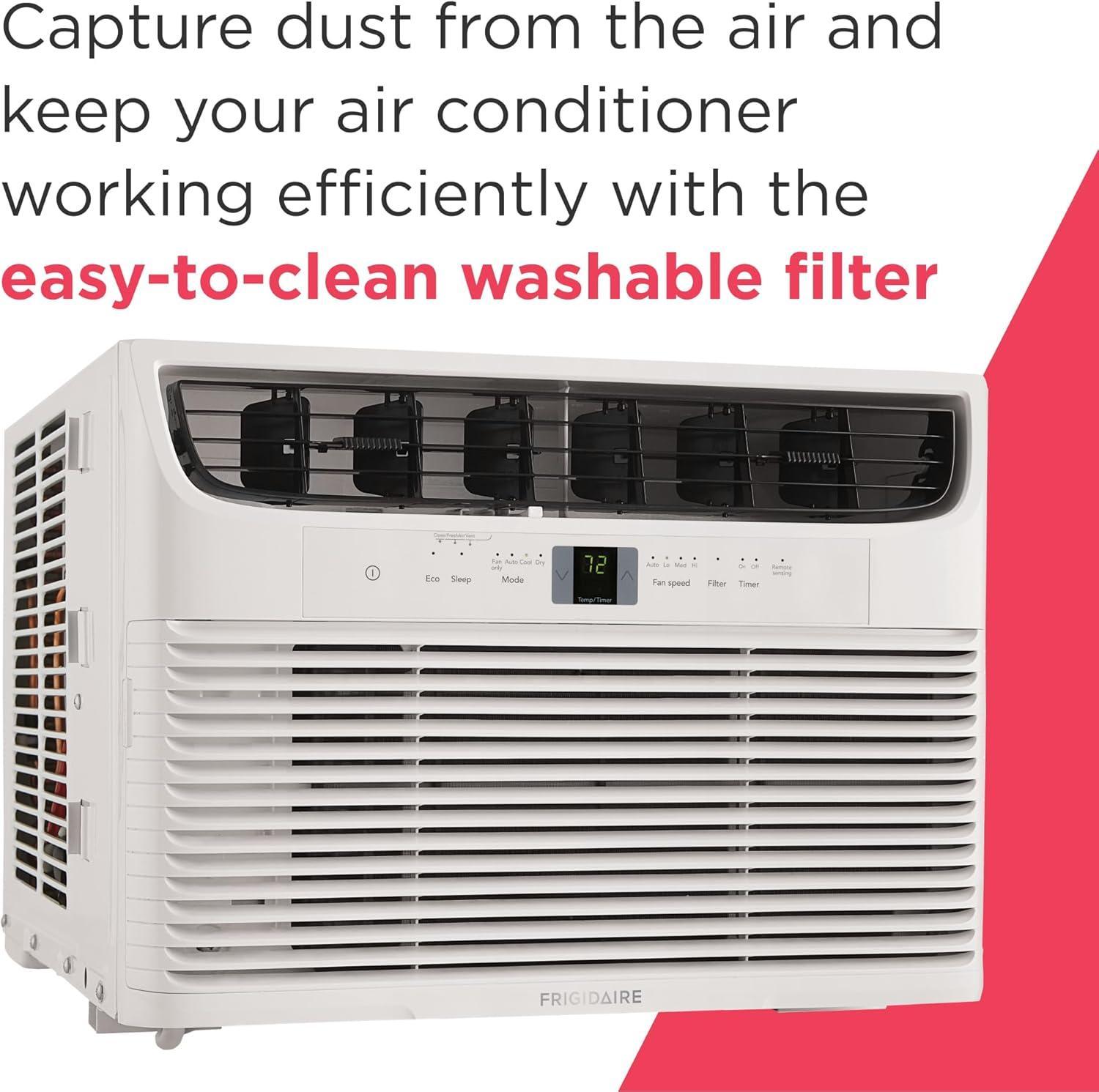 imageFrigidaire 8000 BTU Window Air Conditioner with Remote Control Cools Up to 350 Sq Ft Quiet Operation Eco Mode 3 Fan Speeds Auto Restart White10 000 BTU Electronic Controls