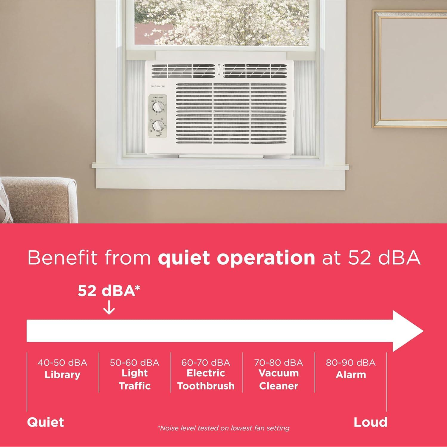 imageFrigidaire 8000 BTU Window Air Conditioner with Remote Control Cools Up to 350 Sq Ft Quiet Operation Eco Mode 3 Fan Speeds Auto Restart White5 000 BTU Mechanical Controls