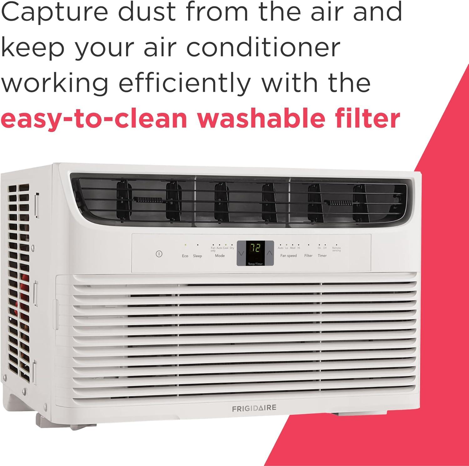 imageFrigidaire 8000 BTU Window Air Conditioner with Remote Control Cools Up to 350 Sq Ft Quiet Operation Eco Mode 3 Fan Speeds Auto Restart White6 000 BTU Electronic Controls