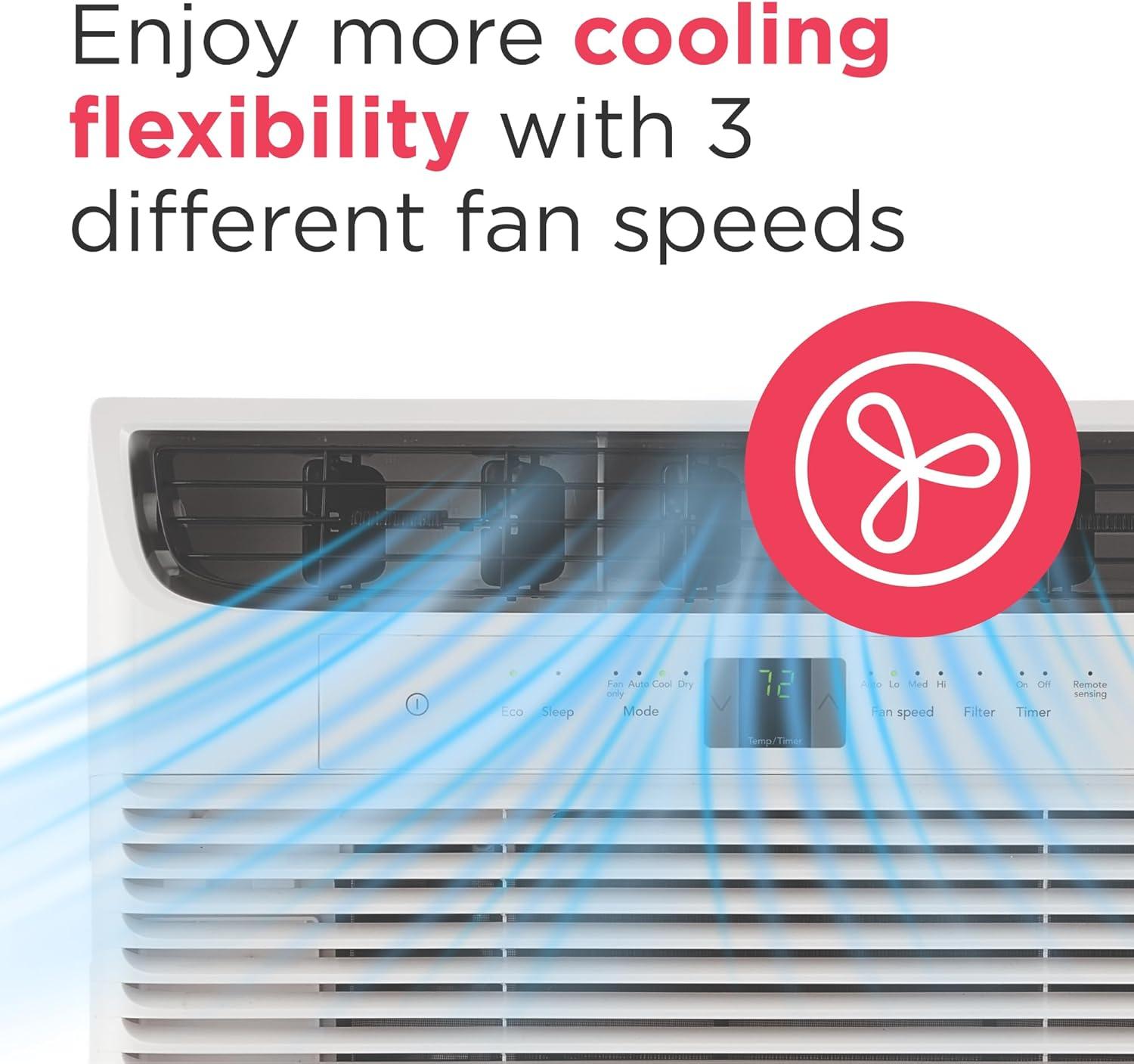 imageFrigidaire 8000 BTU Window Air Conditioner with Remote Control Cools Up to 350 Sq Ft Quiet Operation Eco Mode 3 Fan Speeds Auto Restart White8 000 BTU Electronic Controls