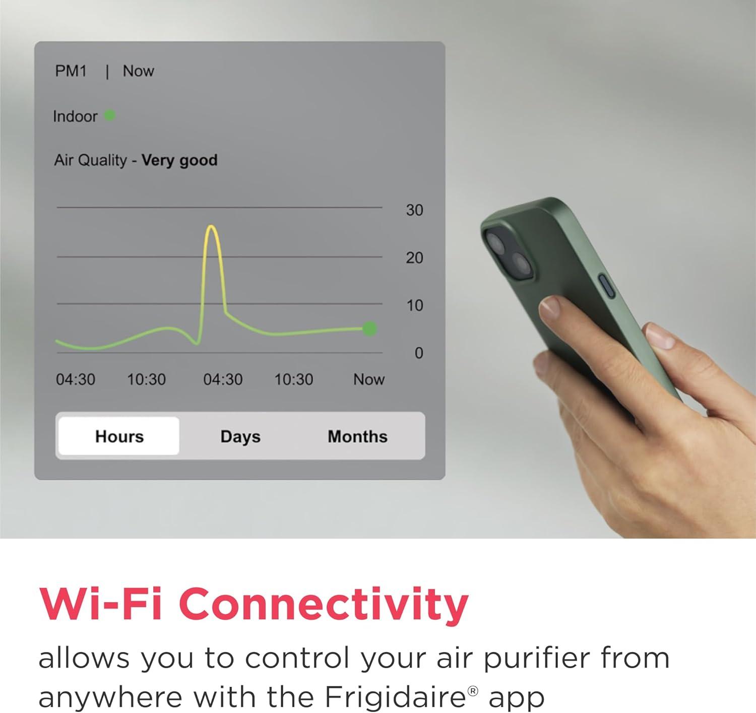 imageFrigidaire PureA300 XL HEPA Air Purifier with WiFi for Large Rooms Covers up to 1685 Sq Ft 3Stage Filtration Energy Star Certification Air Quality Monitoring Smart Mode Ultra Quiet White1685 Square Feet Wifi