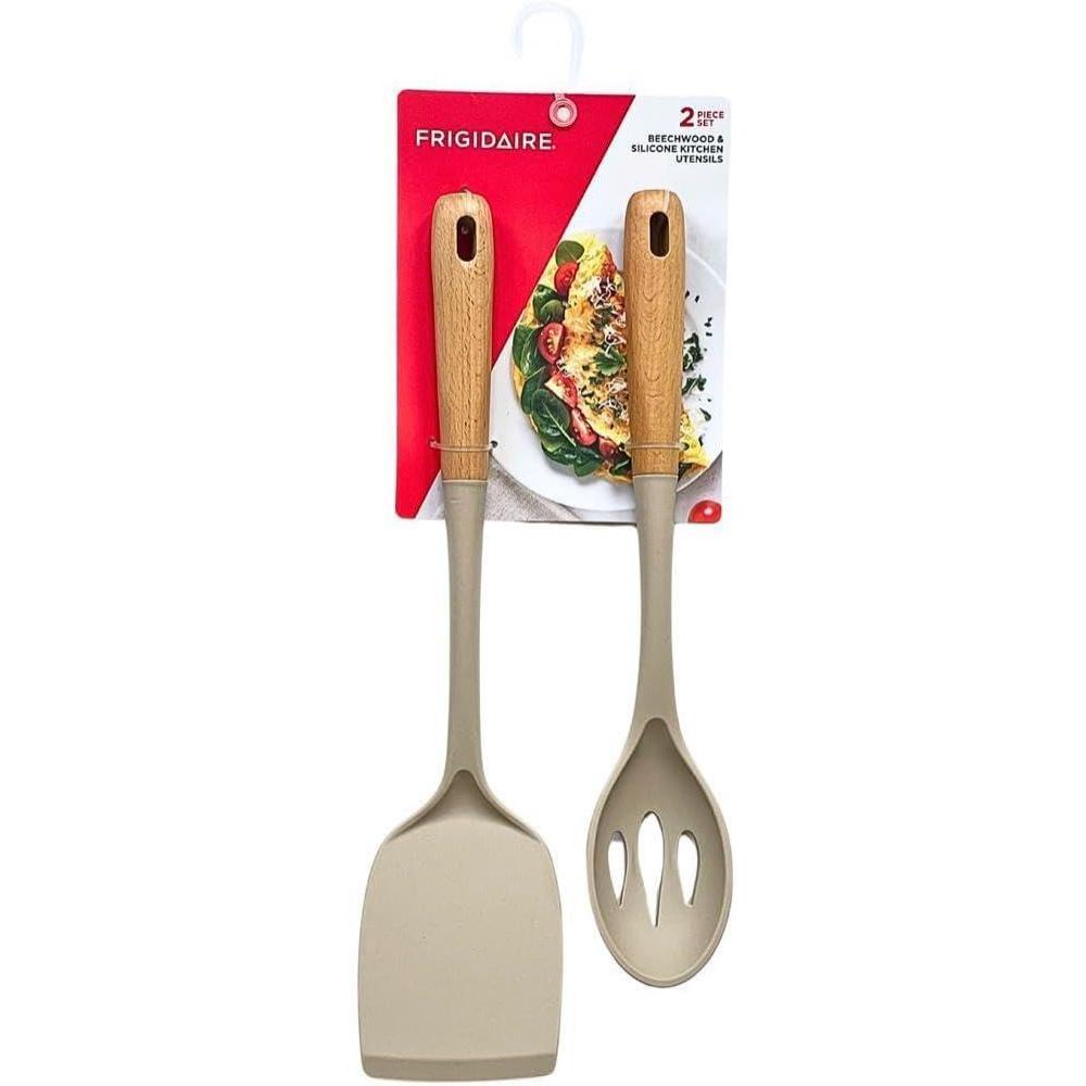 image2PC Beechwood and Silicone Utensil Set Large Turner Large Slot Spoon Kitchen Cooking Utensils with Beechwood Handle and Silicone Head OLIVELIGHT TAUPE