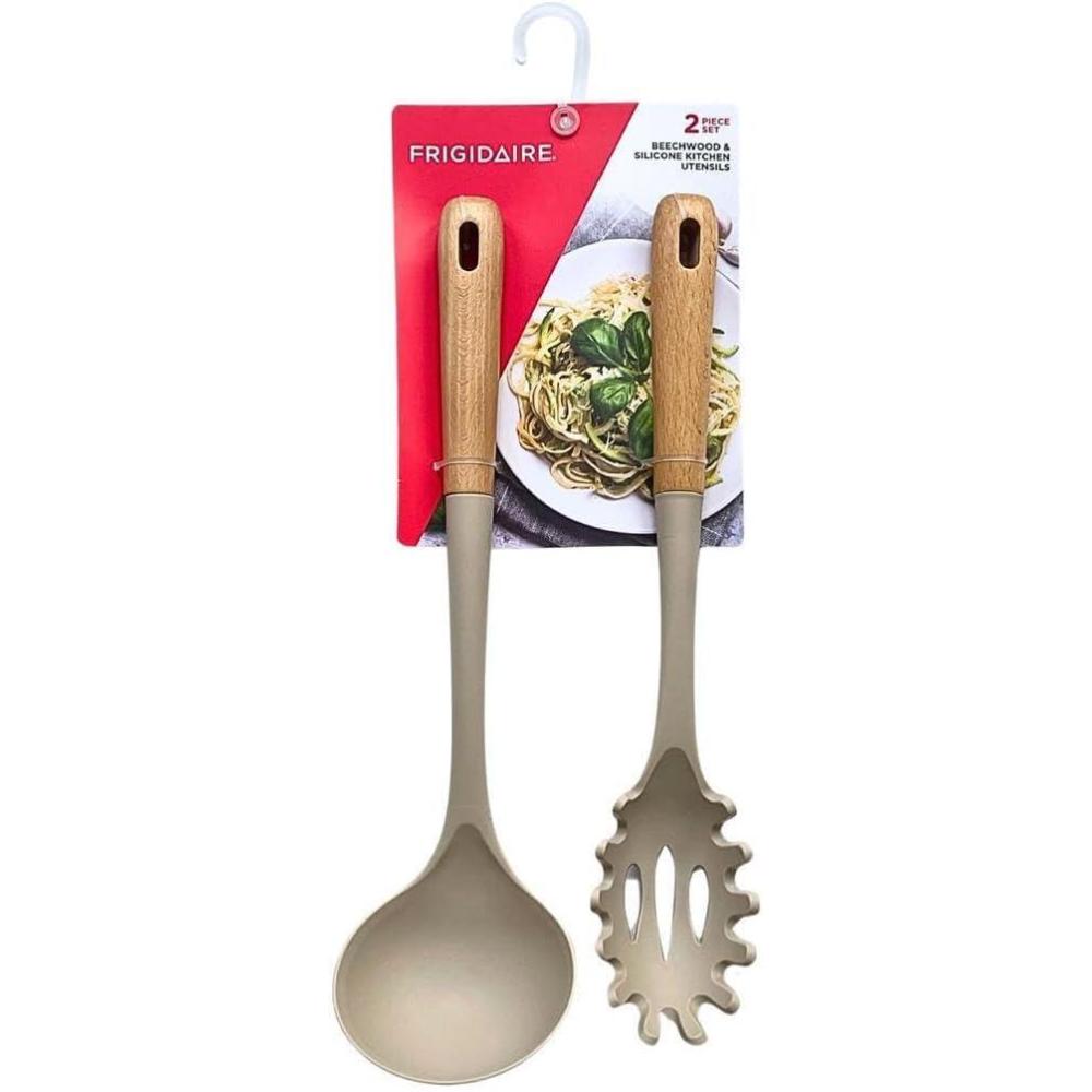 imageFrigidaire 2PC Beechwood Silicone Utensil Set Large Soup Ladle Large Pasta Fork HeatResistant Kitchen Cooking Utensils with Wooden Handle NAVYLIGHT TAUPE