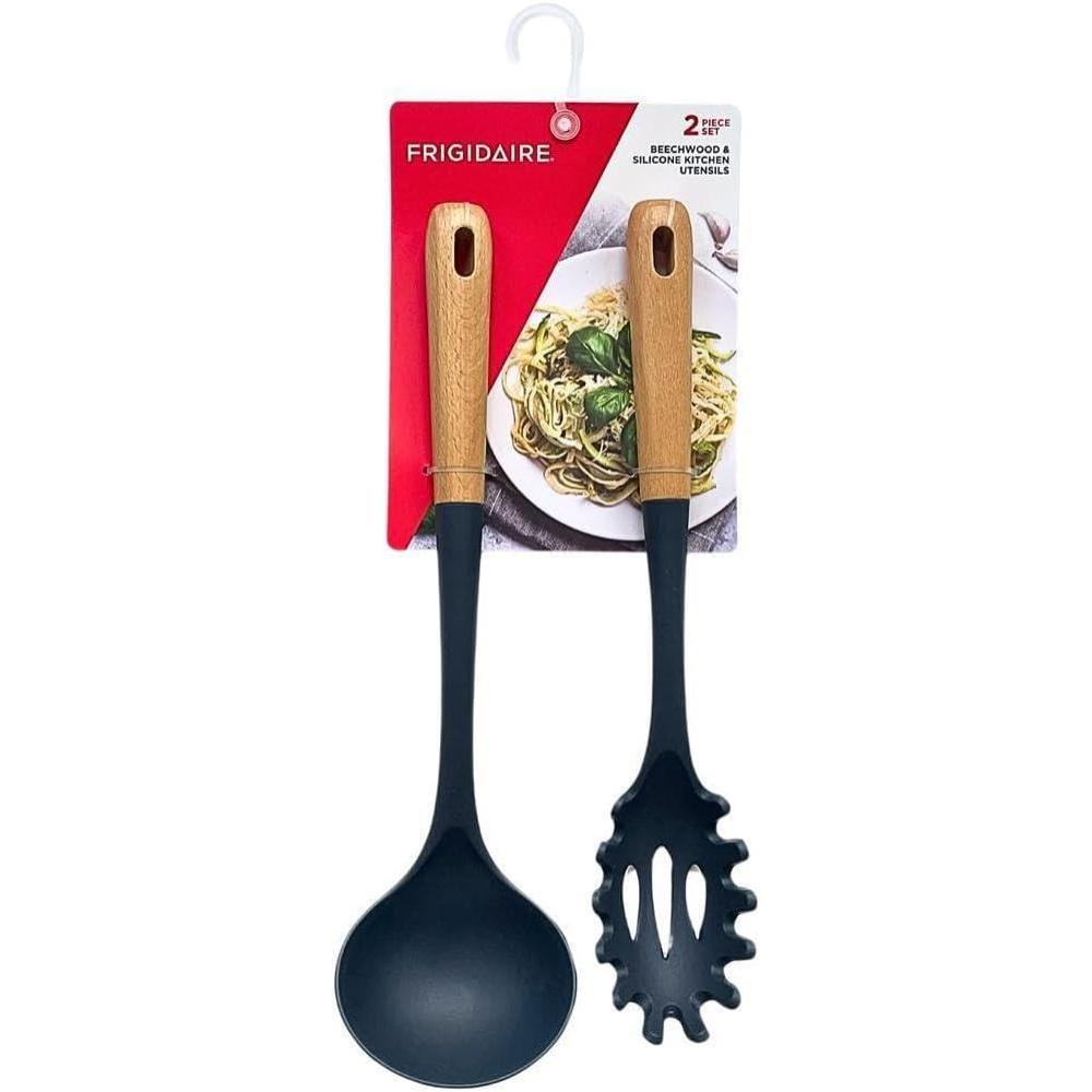 imageFrigidaire 2PC Beechwood Silicone Utensil Set Large Soup Ladle Large Pasta Fork HeatResistant Kitchen Cooking Utensils with Wooden Handle NAVYNavy