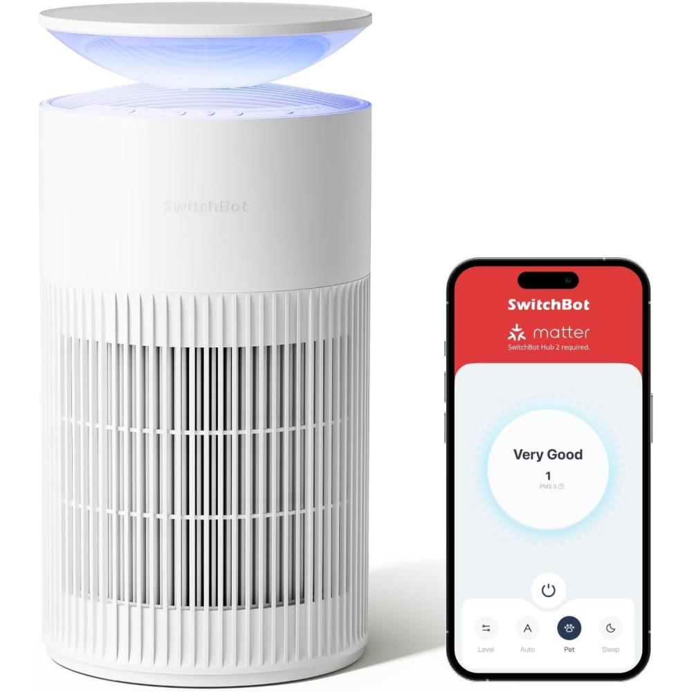 imageSwitchBot Purificateur Dair Avec Application Et Veilleuse CADR 400mh Jusqu 83 Filtre HEPA limine 9997 Moisissures Poussires Mode Sommeil 20dB PurificateurPurificateur sans Table