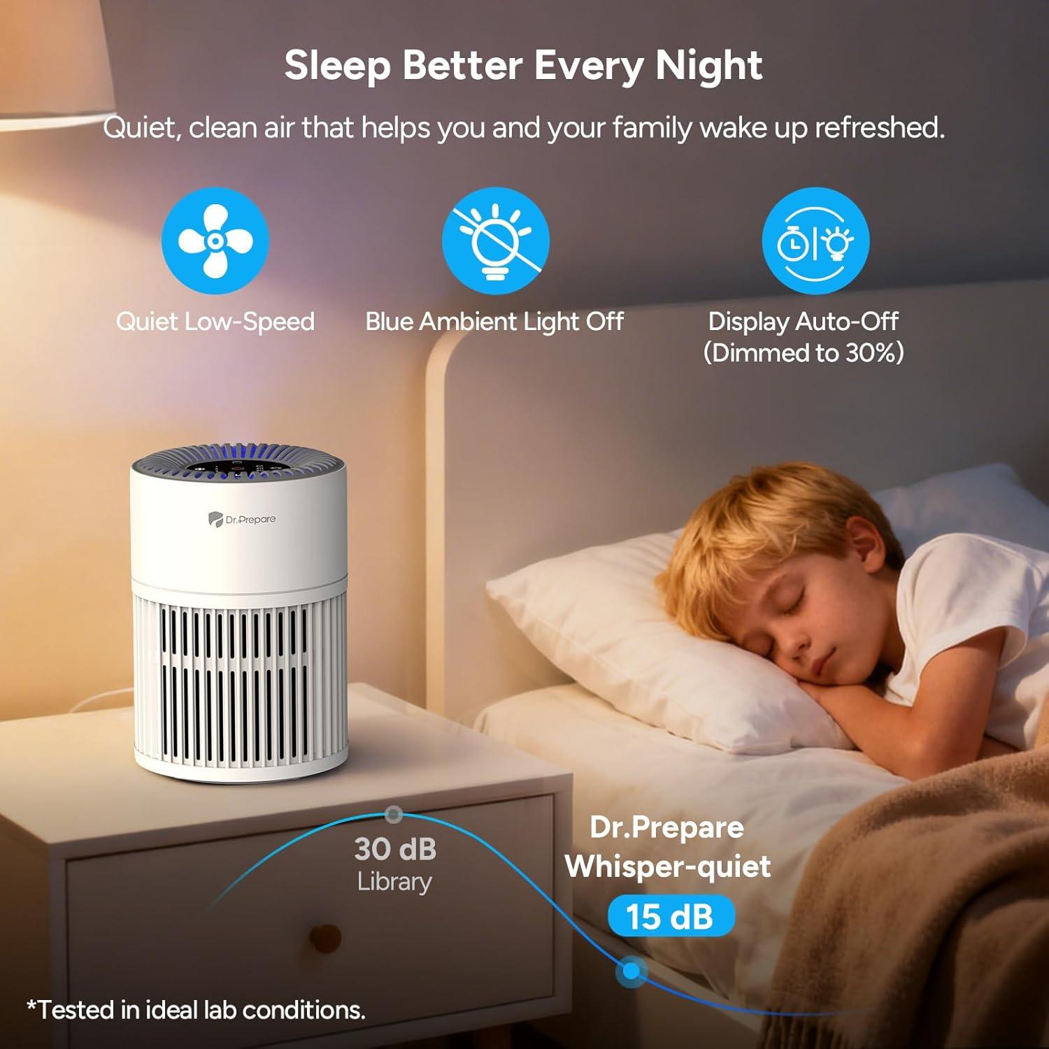 image:imageDRPREPARE Purificateur dair Maison Filtration Efficace contre Allergies et Odeurs Purificateur dair Silencieux Entre dair 360 Prfiltre Lavable Mode Veille Air Purifier HEPA Chambres