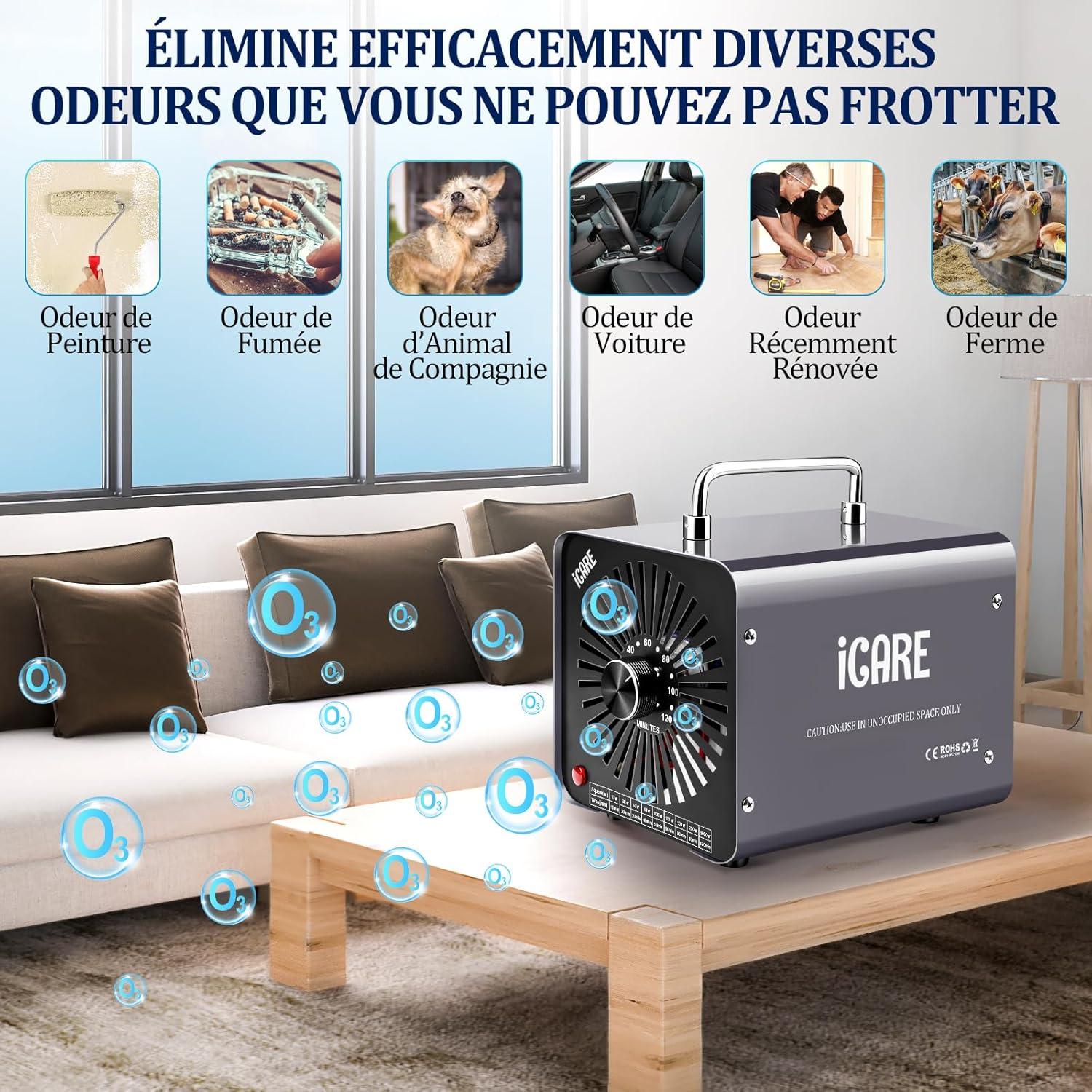 imageGnrateur dOzone Domestique 30000 mgh Machine Ozone pour Purification de lAir et limination des Odeurs Dispositif dOzone Portable O3 pour Bureau Salle de Bain Maison Voiture BlancGris