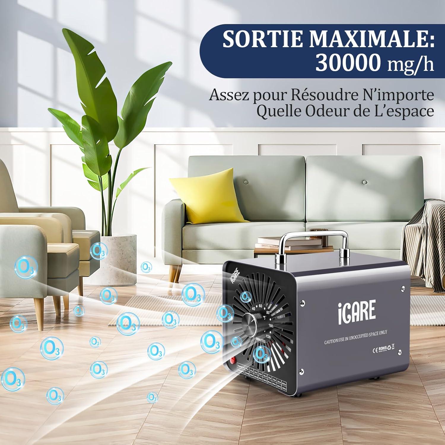 imageGnrateur dOzone Domestique 30000 mgh Machine Ozone pour Purification de lAir et limination des Odeurs Dispositif dOzone Portable O3 pour Bureau Salle de Bain Maison Voiture BlancGris