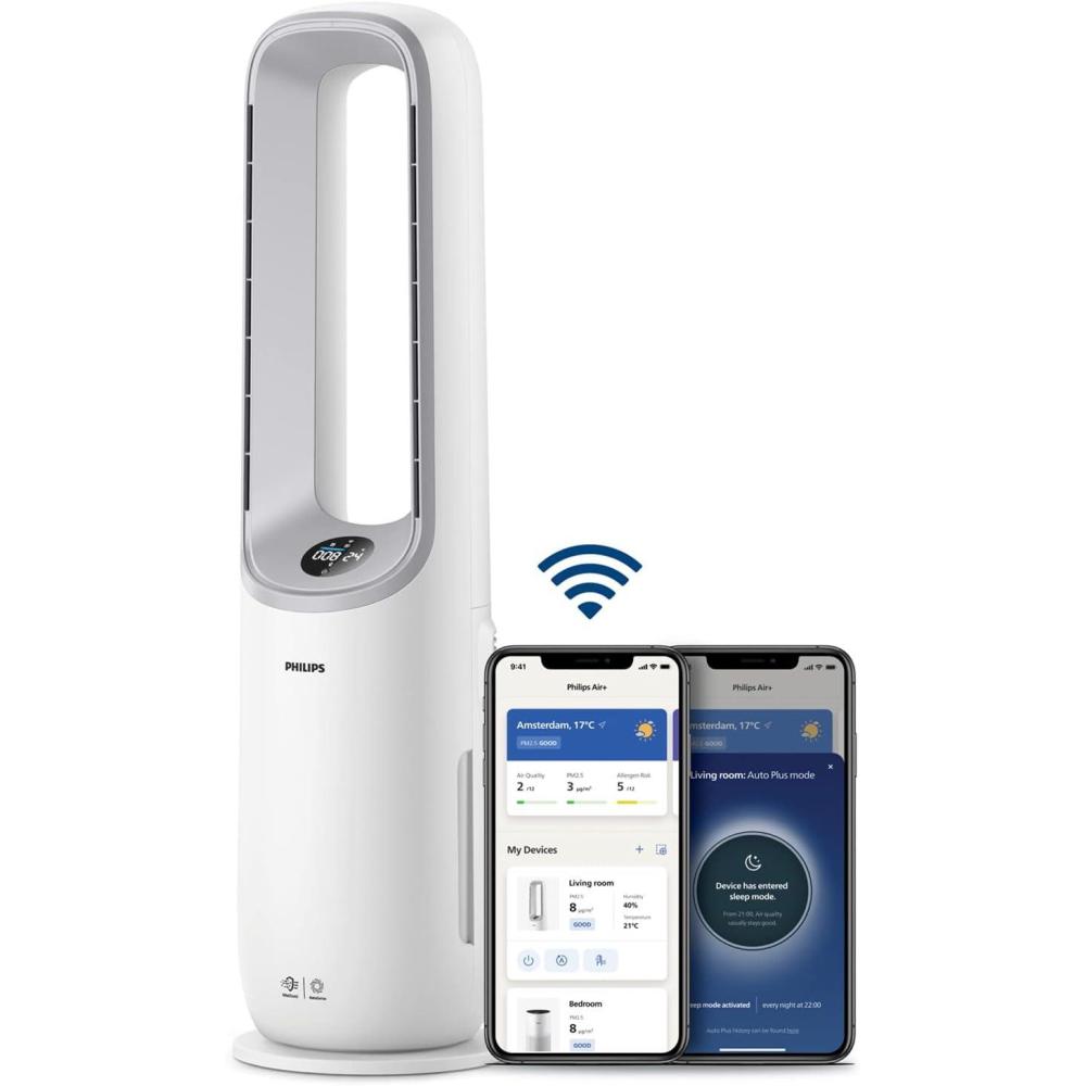 imagePhilips Air Performer 2en1  Purificateur ampamp Ventilateur Rafrachisseur  Nettoie 70m limine 9997 des Allergnes et Polluants Filtre HEPA Capteurs Intelligents Alexa Application AMF765102en1