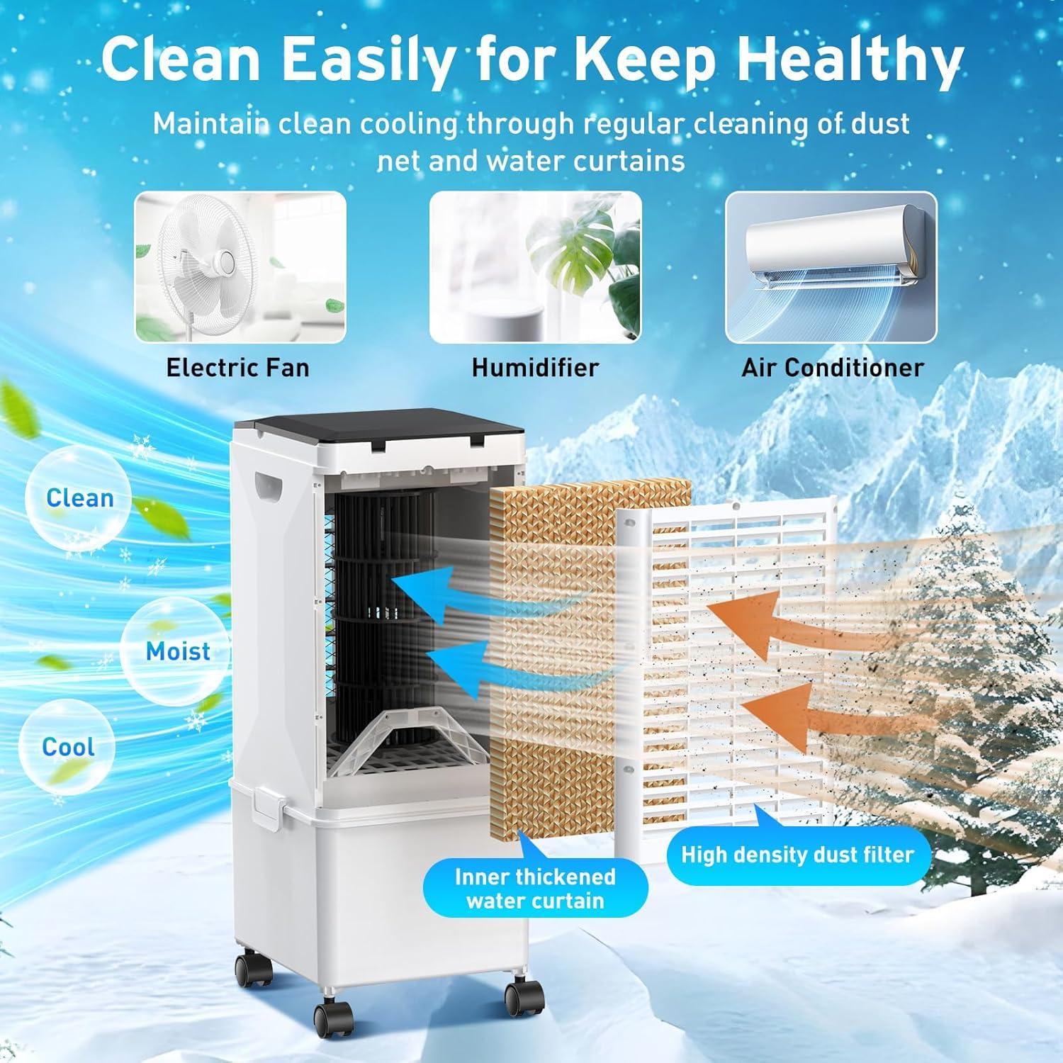 imageClimatiseur Mobile 3 en 1 Refroidisseur dAir par vaporation Portable Humidificateur Ventilateur 3 Vitesses 95 L Grand Rservoir dEau Tlcommande 3 Packs de Glace 17H Minuterie