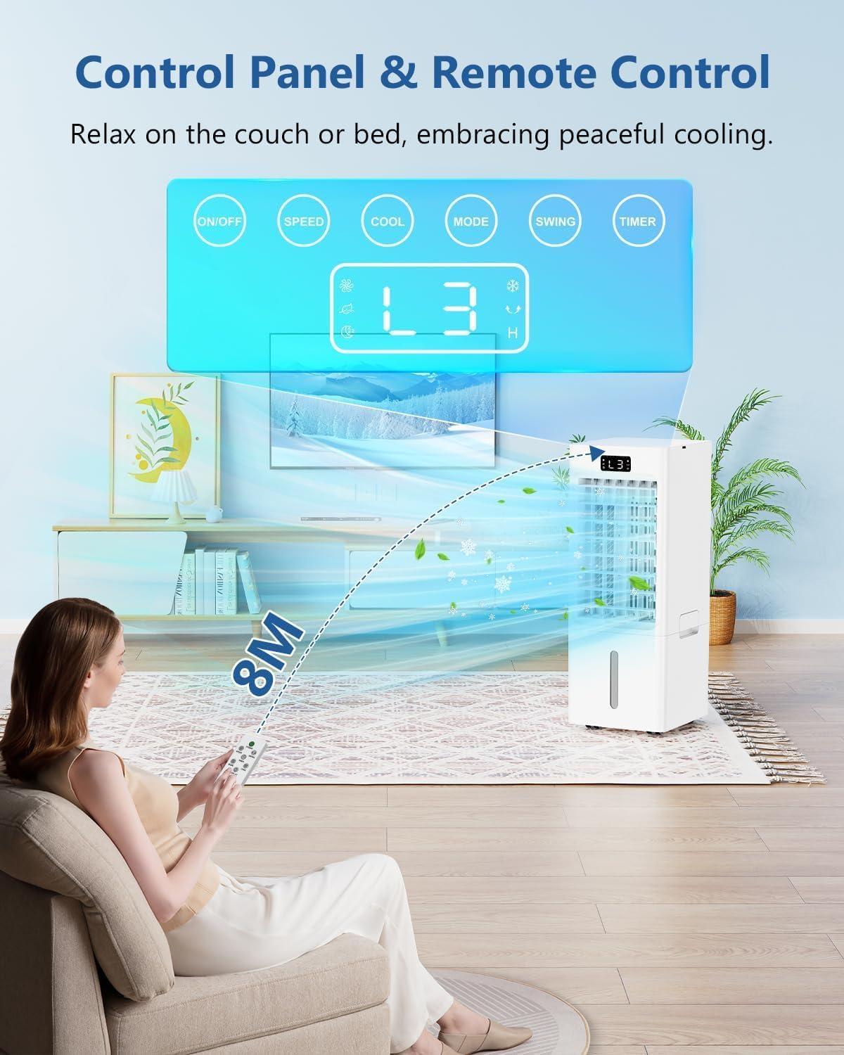 imageClimatiseur Mobile 4 en 1 Refroidisseur dair Ventilateur loniseur Humidificateur avec 112H Minuterie 3 Vitesses 3 Modes 4 Pack Glacons Rservoir 6L Tlcommande Portable Silencieux