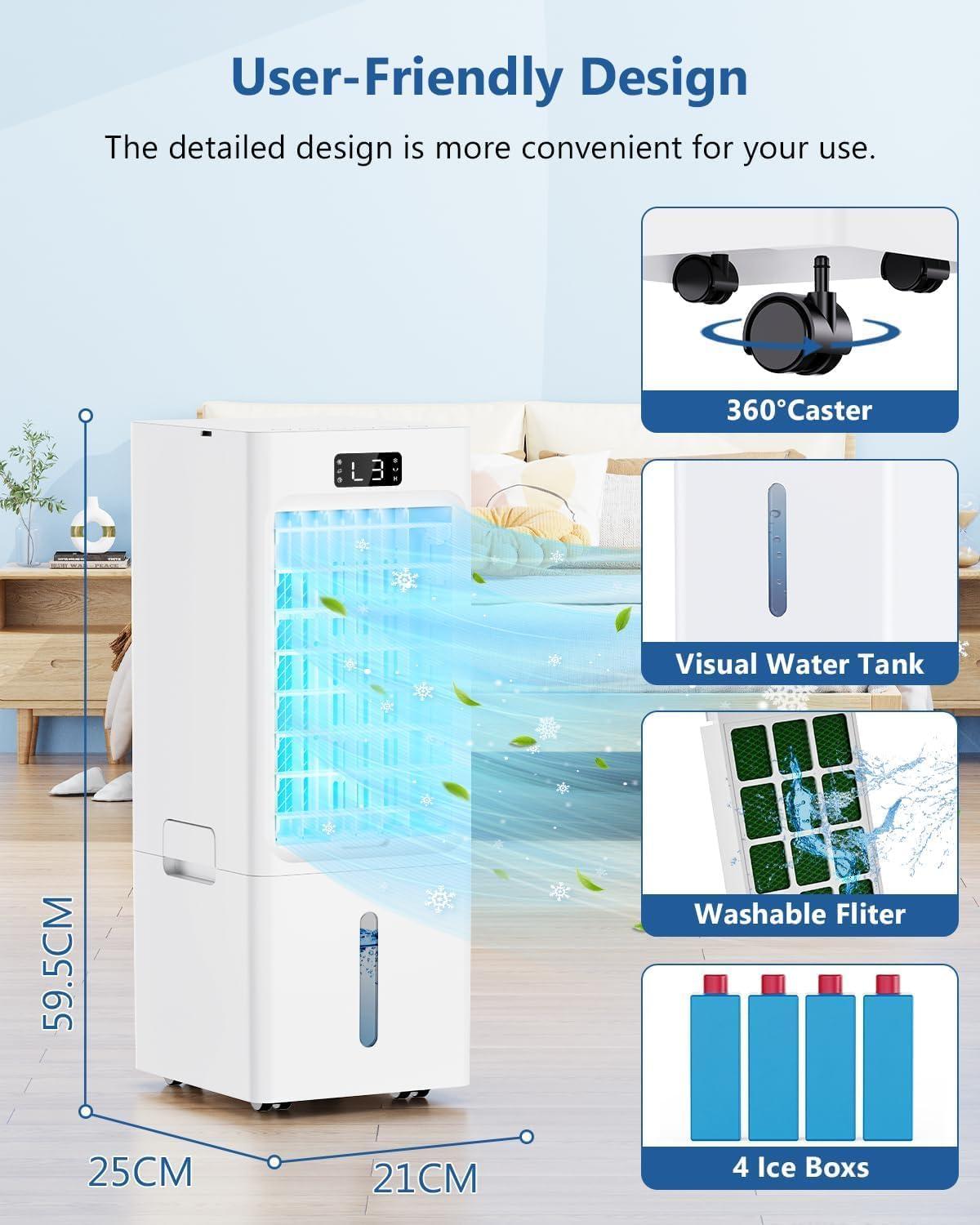 imageClimatiseur Mobile 4 en 1 Refroidisseur dair Ventilateur loniseur Humidificateur avec 112H Minuterie 3 Vitesses 3 Modes 4 Pack Glacons Rservoir 6L Tlcommande Portable Silencieux