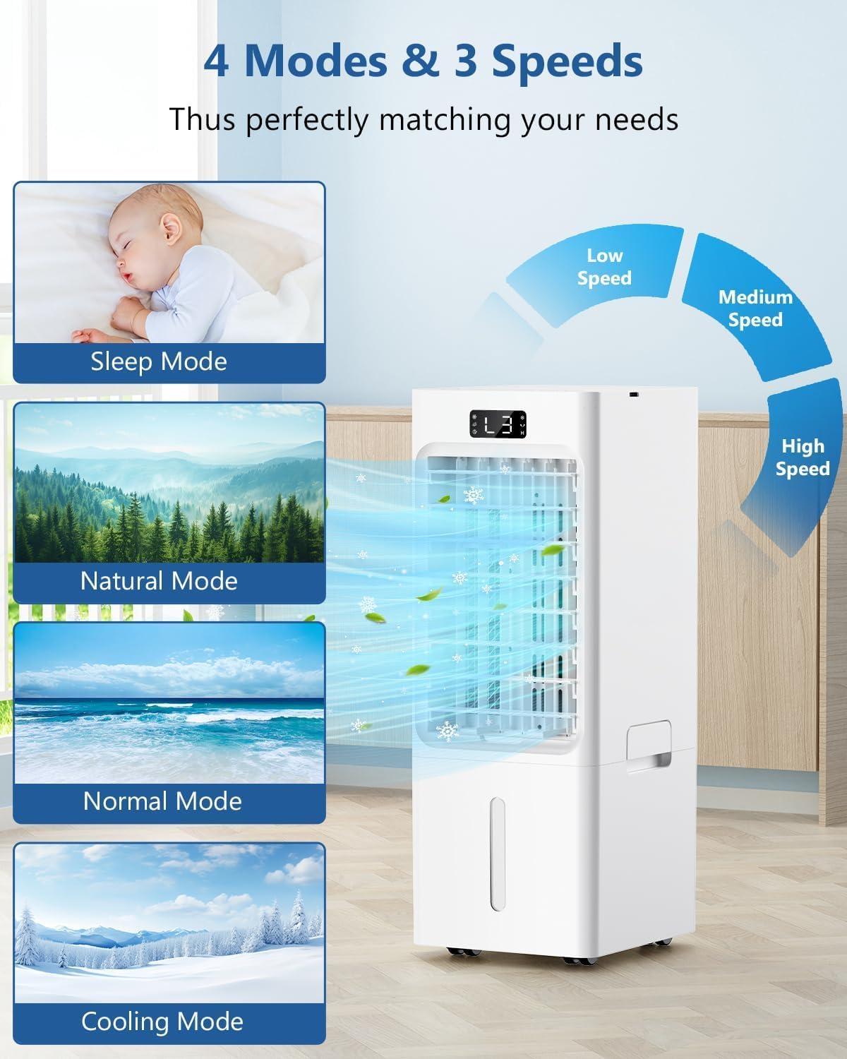 imageClimatiseur Mobile 4 en 1 Refroidisseur dair Ventilateur loniseur Humidificateur avec 112H Minuterie 3 Vitesses 3 Modes 4 Pack Glacons Rservoir 6L Tlcommande Portable Silencieux