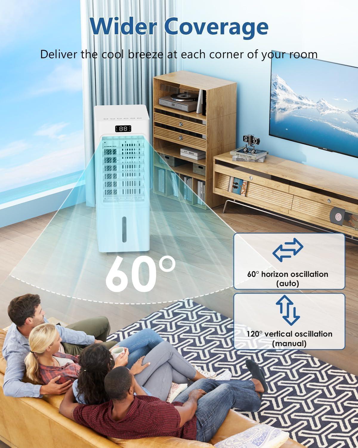 imageClimatiseur Mobile 4 en 1 Refroidisseur dair Ventilateur loniseur Humidificateur avec 112H Minuterie 3 Vitesses 3 Modes 4 Pack Glacons Rservoir 6L Tlcommande Portable Silencieux
