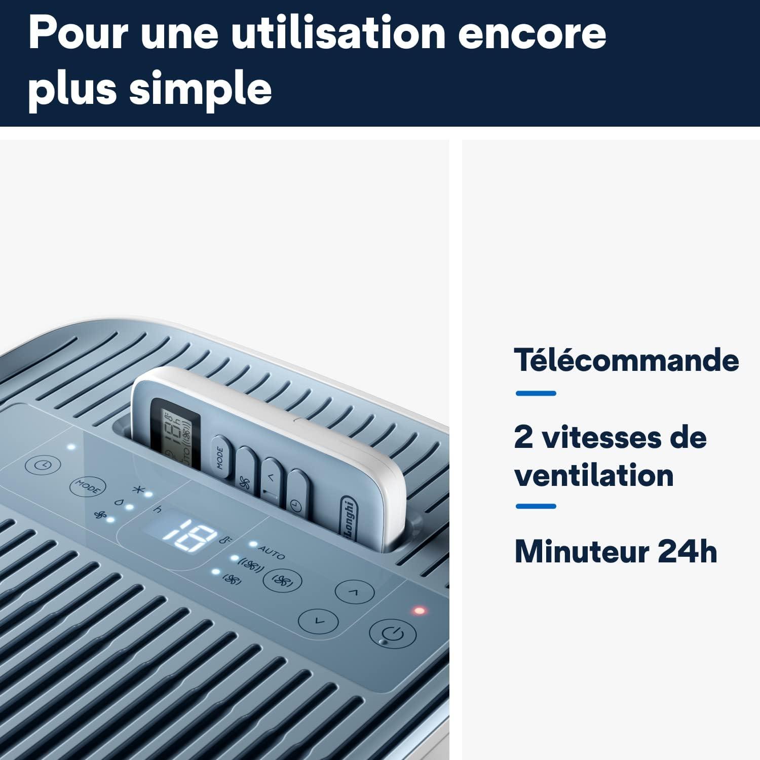 imageDeLonghi Pinguino Compact ES72 YOUNG Modle 2022 Climatiseur Mobile Silencieux 8300 BTUh 21 kW 60m3 Gaz R290 Fonction Dshumidificateur 24 Heures Timer Classe nergtique A Blanc