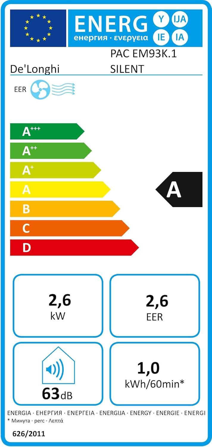 imageDeLonghi Pinguino PAC EM93K1 SILENT Climatiseur Portable Silencieux 10500 BTUh Jusqu 90m3 3 Vitesses Minuterie 24h Kit de Fentre Inclus Gaz R290 63dB A 26 kW Blanc