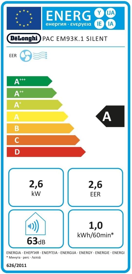imageDeLonghi Pinguino PAC EM93K1 SILENT Climatiseur Portable Silencieux 10500 BTUh Jusqu 90m3 3 Vitesses Minuterie 24h Kit de Fentre Inclus Gaz R290 63dB A 26 kW Blanc