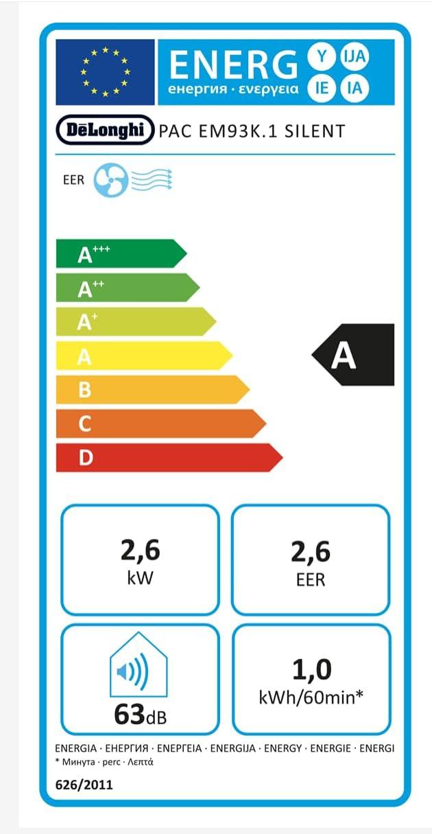 imageDeLonghi Pinguino PAC EM93K1 SILENT Climatiseur Portable Silencieux 10500 BTUh Jusqu 90m3 3 Vitesses Minuterie 24h Kit de Fentre Inclus Gaz R290 63dB A 26 kW Blanc