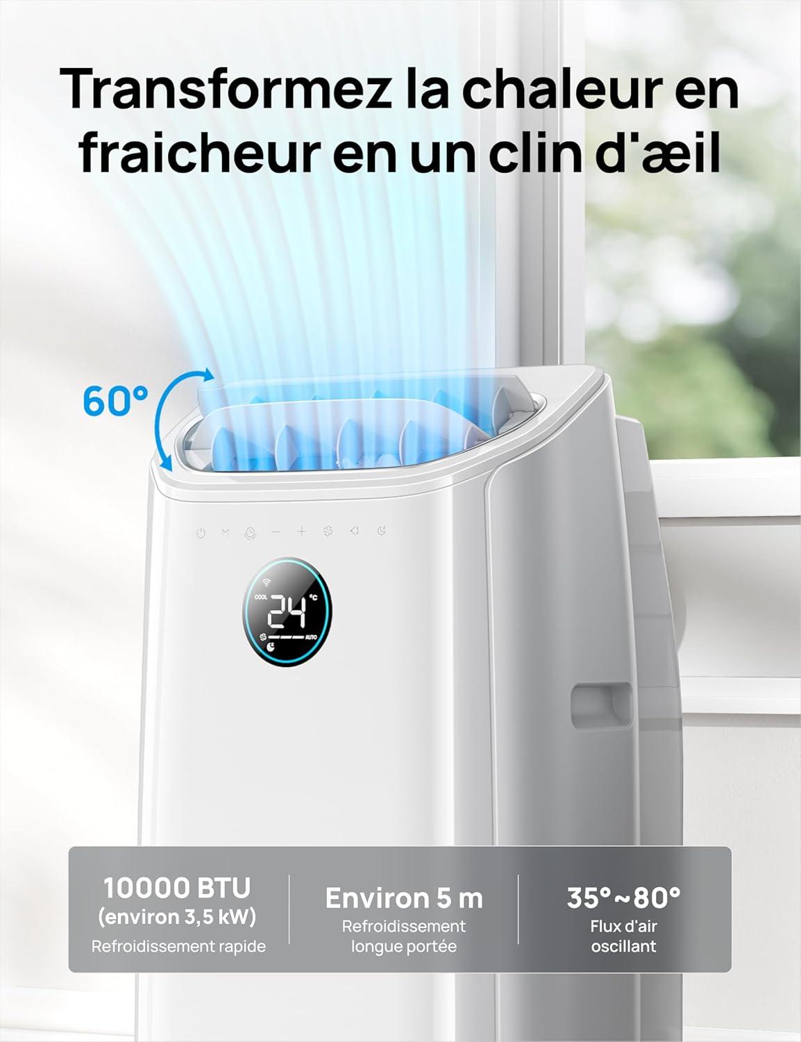 imageDreo Climatiseur portable 10 000 BTU pour chambre refroidissement sans drainage silencieux contrle par applicationvoix minuterie 24h avec ventilateur et dshumidificateurBlanc