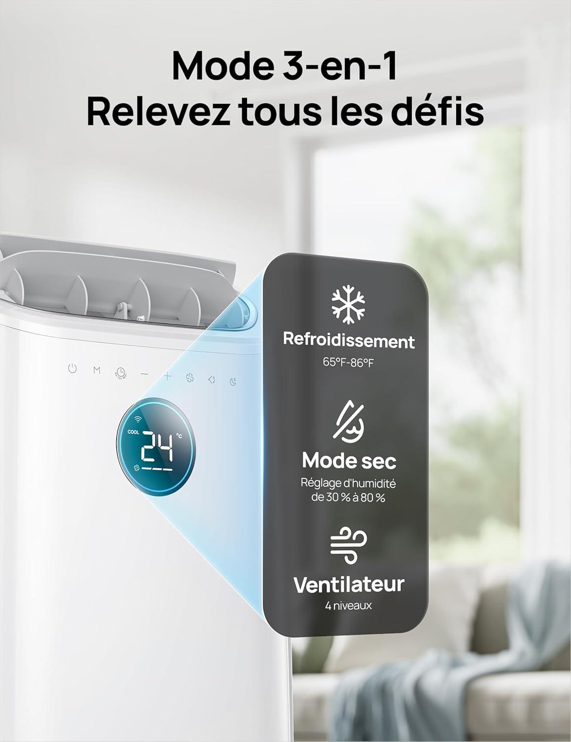 imageDreo Climatiseur portable 10 000 BTU pour chambre refroidissement sans drainage silencieux contrle par applicationvoix minuterie 24h avec ventilateur et dshumidificateurBlanc