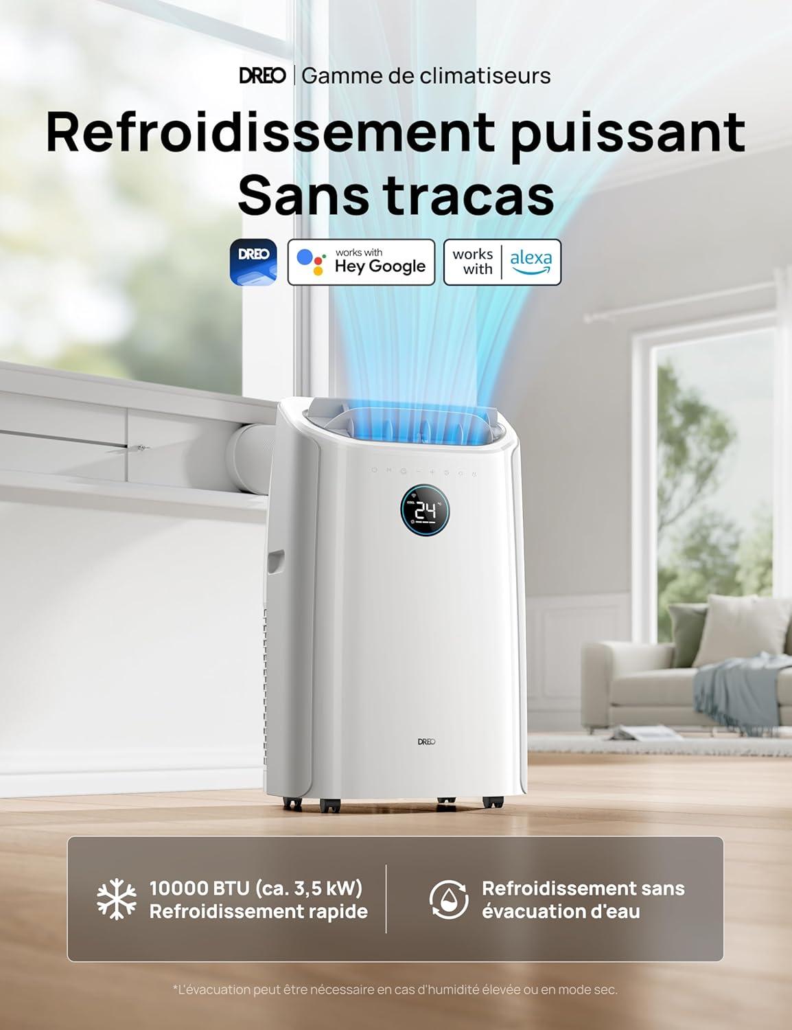 imageDreo Climatiseur portable 10 000 BTU pour chambre refroidissement sans drainage silencieux contrle par applicationvoix minuterie 24h avec ventilateur et dshumidificateurBlanc