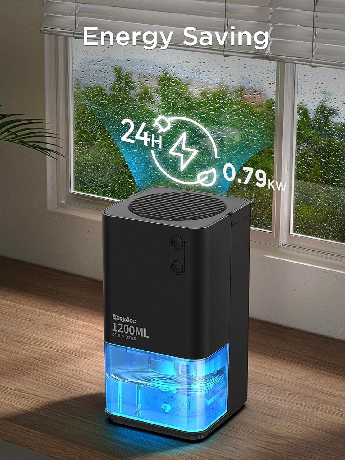 imageEasyAcc Deshumidificateur d Air 1200ML Petit Dshumidificateur Electrique Silencieux Econome en Energie 7 LED Multicolores Arrt Automatique Protection Contre le Dgivrage Blanc1200mlnoir