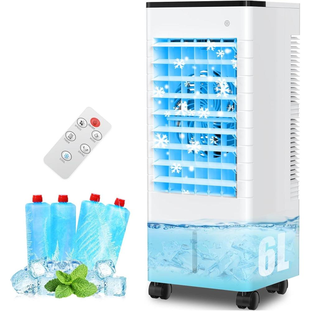imageClimatiseur Mobile 3 en 1 Rafraichisseur dair Silencieux Sans vacuation avec 6L Large Rservoir deau 3 Vitesses 15H Minuteries 60Oscillation Climatiseur Portable pour ChambreCuisineBureau