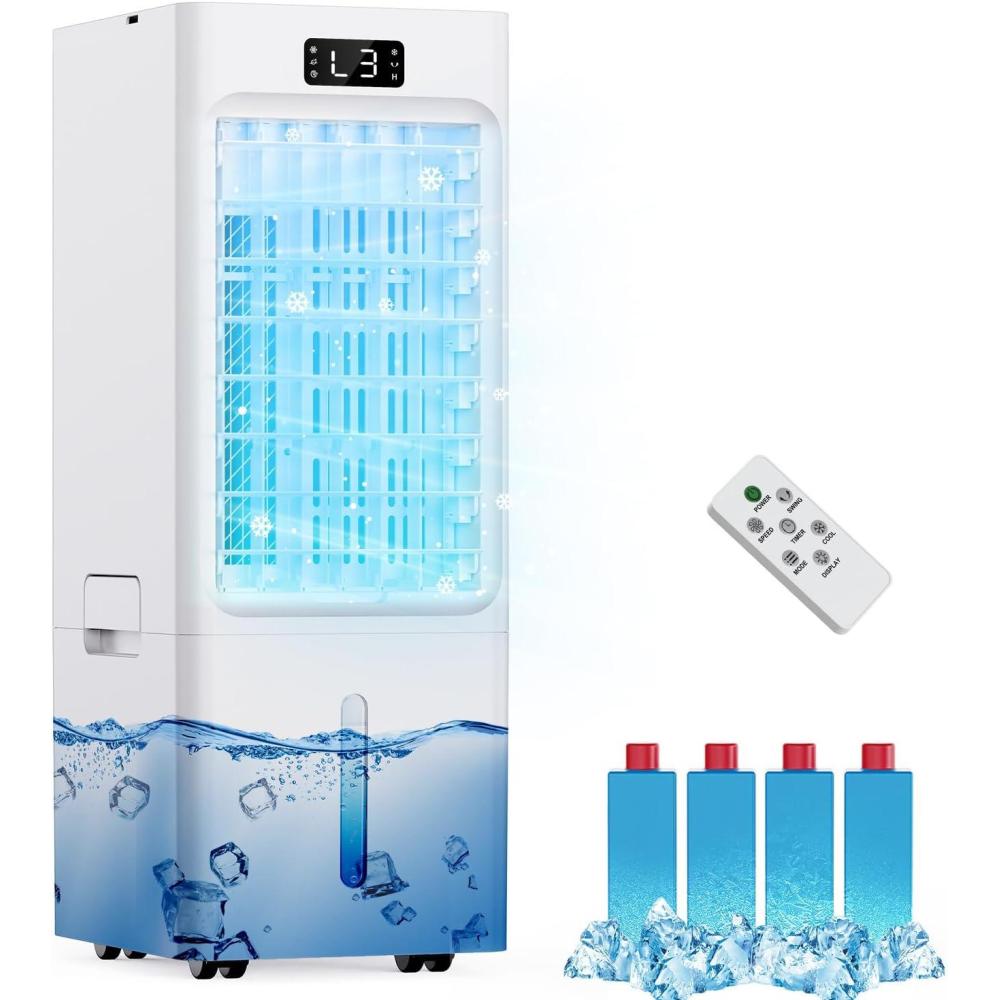 imageClimatiseur Mobile 4 en 1 Refroidisseur dair Ventilateur loniseur Humidificateur avec 112H Minuterie 3 Vitesses 3 Modes 4 Pack Glacons Rservoir 6L Tlcommande Portable Silencieux