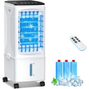 Climatiseur Mobile, 3 en 1 – Refroidisseur d&rsquo;Air par Évaporation Portable, Humidificateur, Ventilateur, 3 Vitesses, 9,5 L Grand Réservoir d&rsquo;Eau, Télécommande, 3 Packs de Glace, 1-7H Minuterie