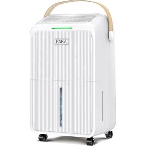 Déshumidificateur KNKA, 9 L/J, déshumidificateur électrique, déshumidificateur silencieux avec tuyau d&rsquo;évacuation, 45 m² (120 m³), ​​minuterie 24 h, contrôle de l&rsquo;humidité, roulettes amovibles(Blanc Crème)