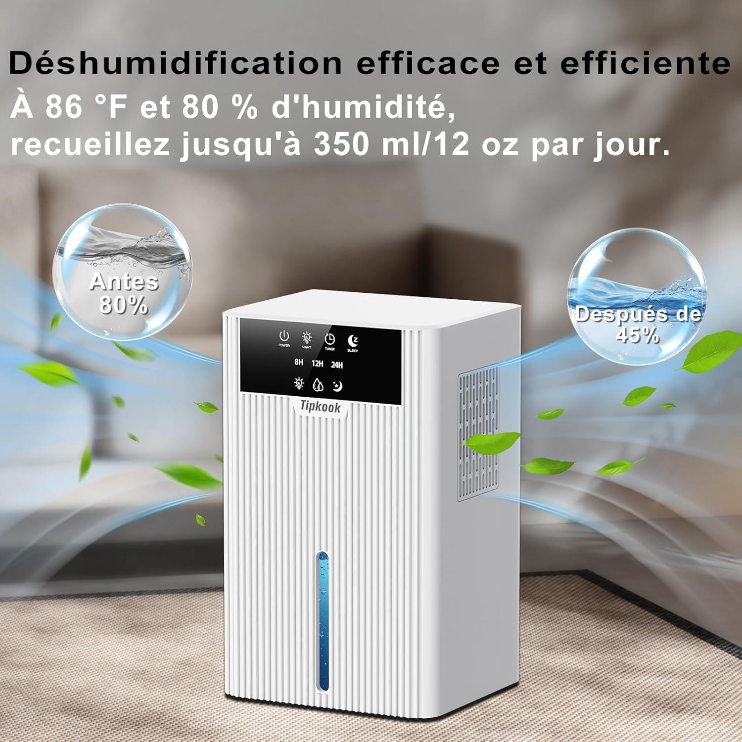imageDeshumidificateur d Air 2400ML Tipkook Deshumidificateur d Air Anti MoisissureSilencieux Lumire LED 10 Couleurs Grand cranPortableArrt AutomatiqueMinuterie 81224Hpour MaisonChambreBlanc