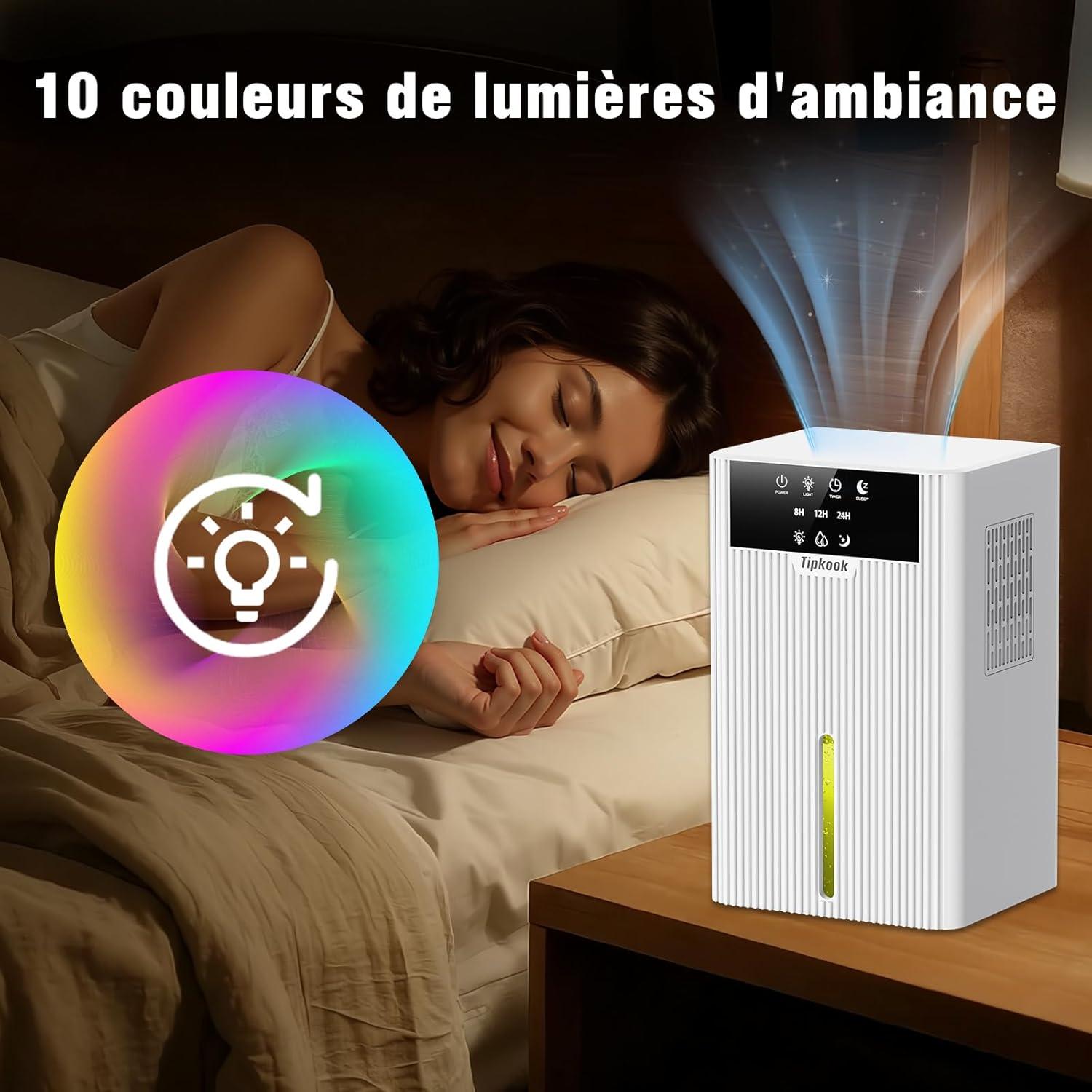imageDeshumidificateur d Air 2400ML Tipkook Deshumidificateur d Air Anti MoisissureSilencieux Lumire LED 10 Couleurs Grand cranPortableArrt AutomatiqueMinuterie 81224Hpour MaisonChambreBlanc
